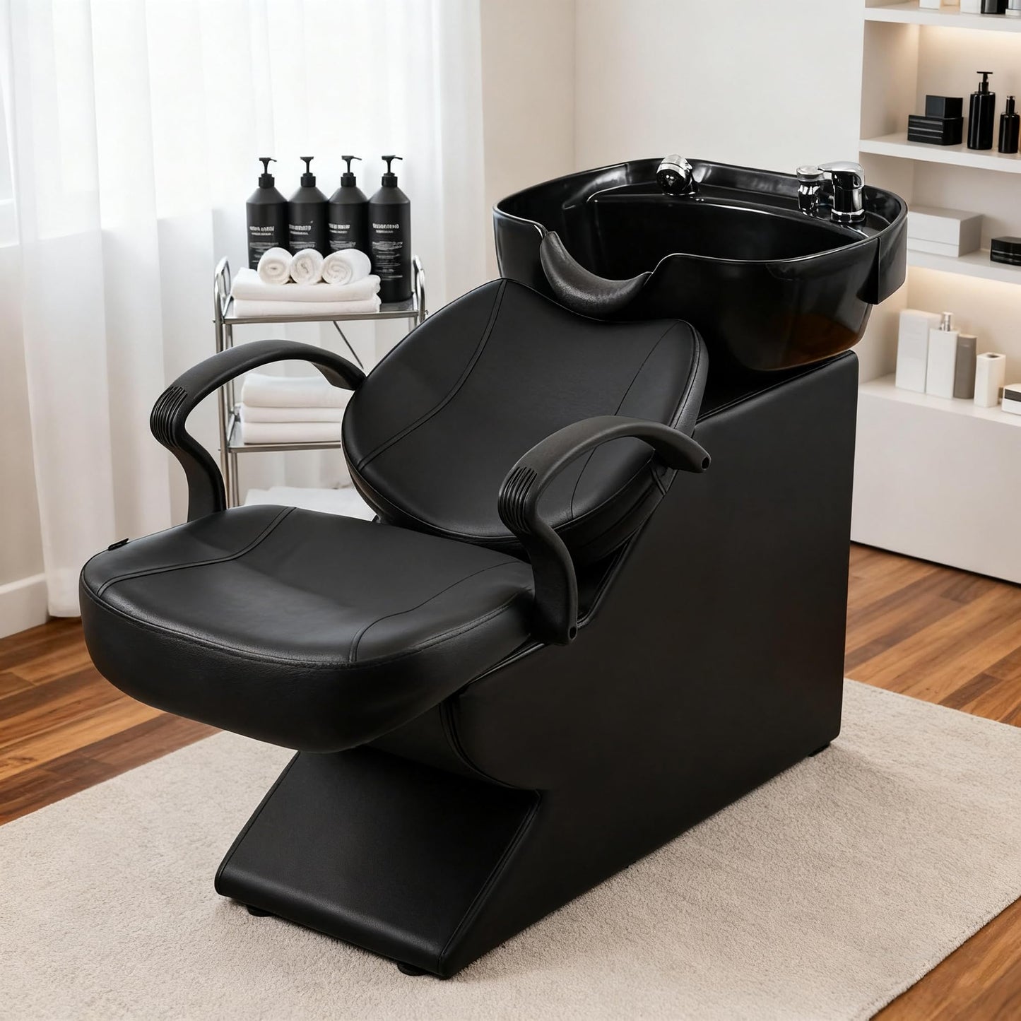Black Seogwisam Shampoo Bowl and Chair Set for Salon, Backwash Barber Chair,ABS Plastic Shampoo Bowl Sink Unit w/Storage Box for Beauty Spa Barbershop