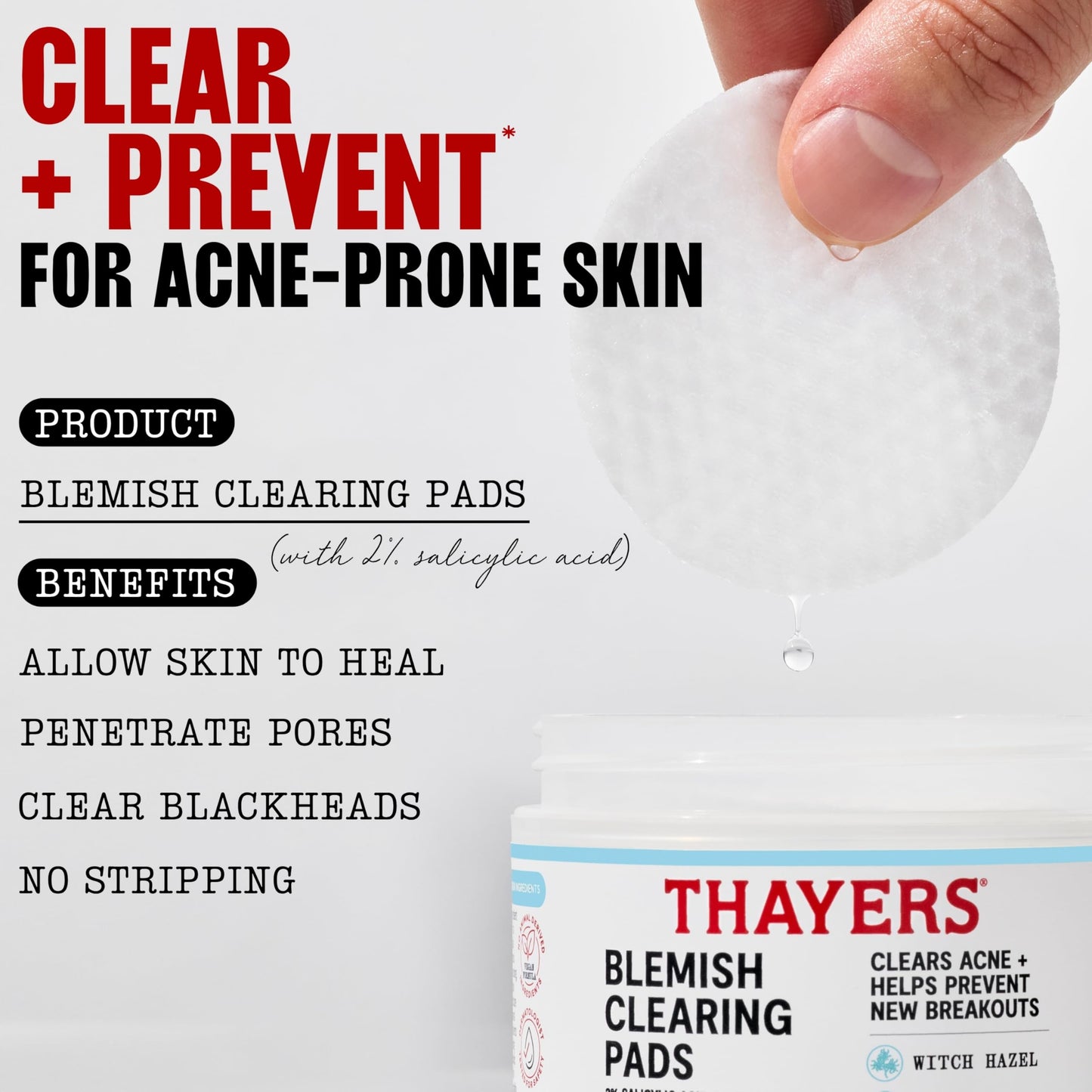 Lavender Thayers Blemish Clearing Acne Pads, Salicylic Acid Acne Treatment for Face, Pore Reducing, Exfoliating, and Soothing Skincare, Witch Hazel Toner Pads, 60 Ct
