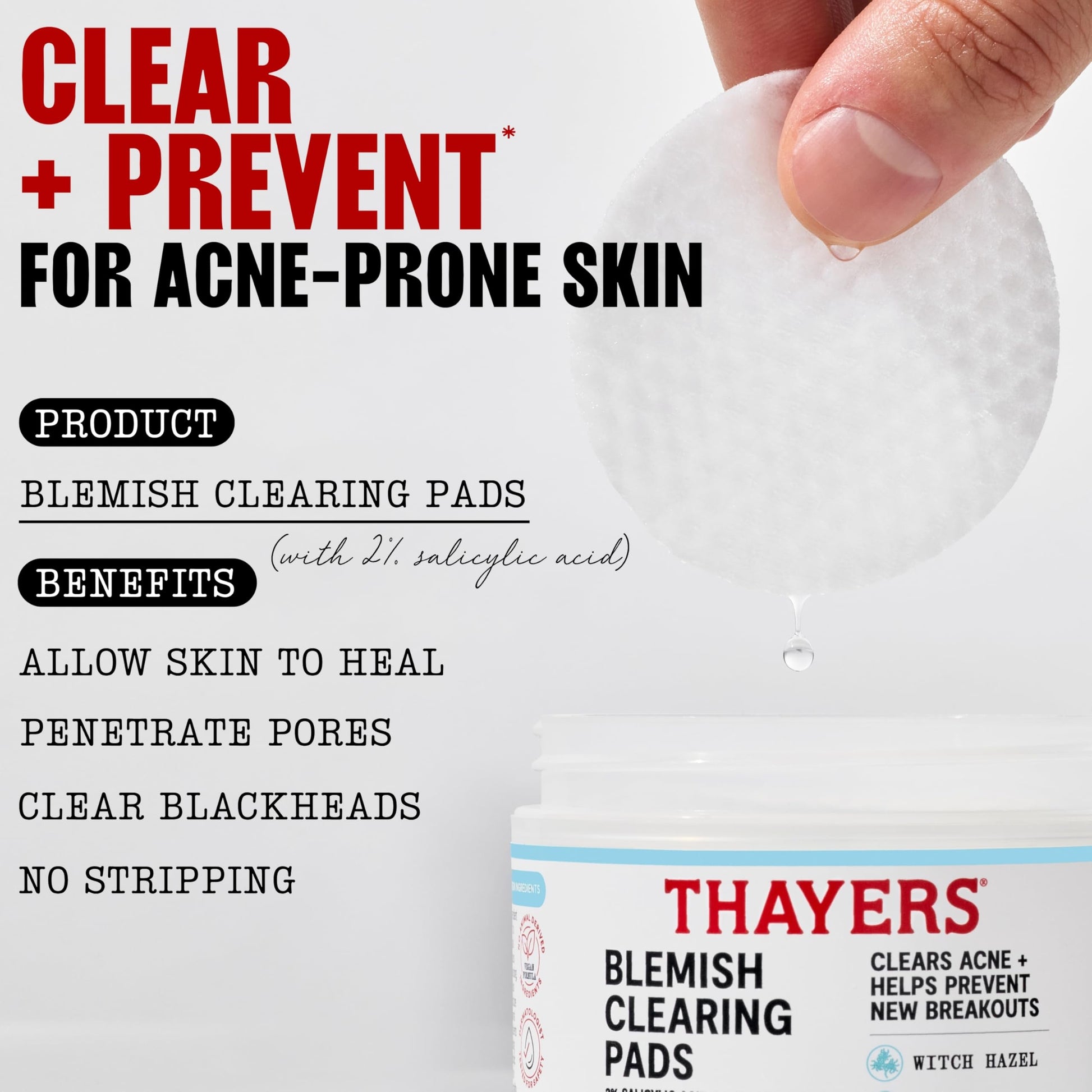 Lavender Thayers Blemish Clearing Acne Pads, Salicylic Acid Acne Treatment for Face, Pore Reducing, Exfoliating, and Soothing Skincare, Witch Hazel Toner Pads, 60 Ct