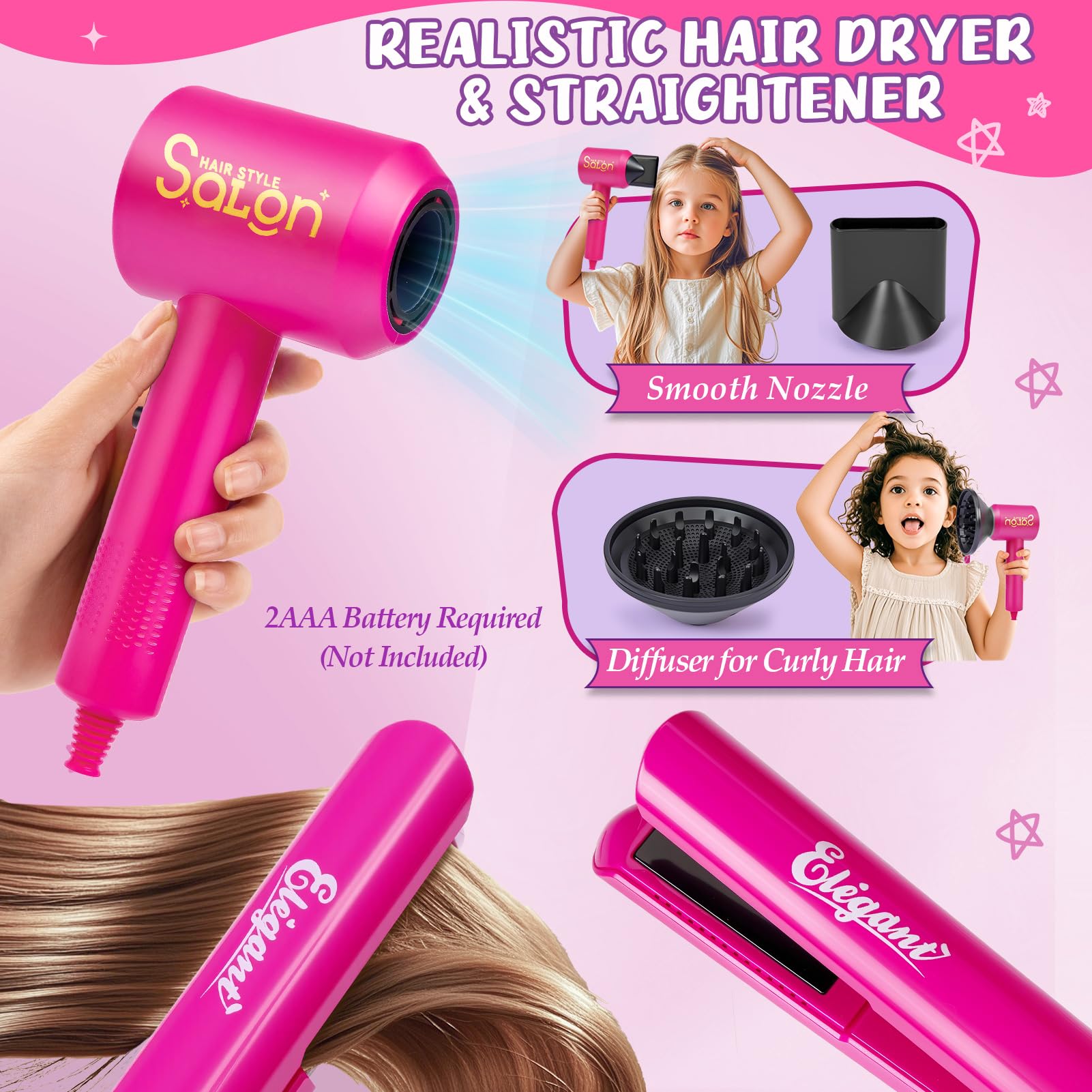 Misty Rose Cleboen Hair Styling Doll Head Makeup Kit for Girls Toys, 35PCS Kids Hair Salon Pretend Playset with Hairdryer Straightener Headwears & Real Makeup Nail Polish, Birthday Gifts for Girls 3 4 5 6 7 8+