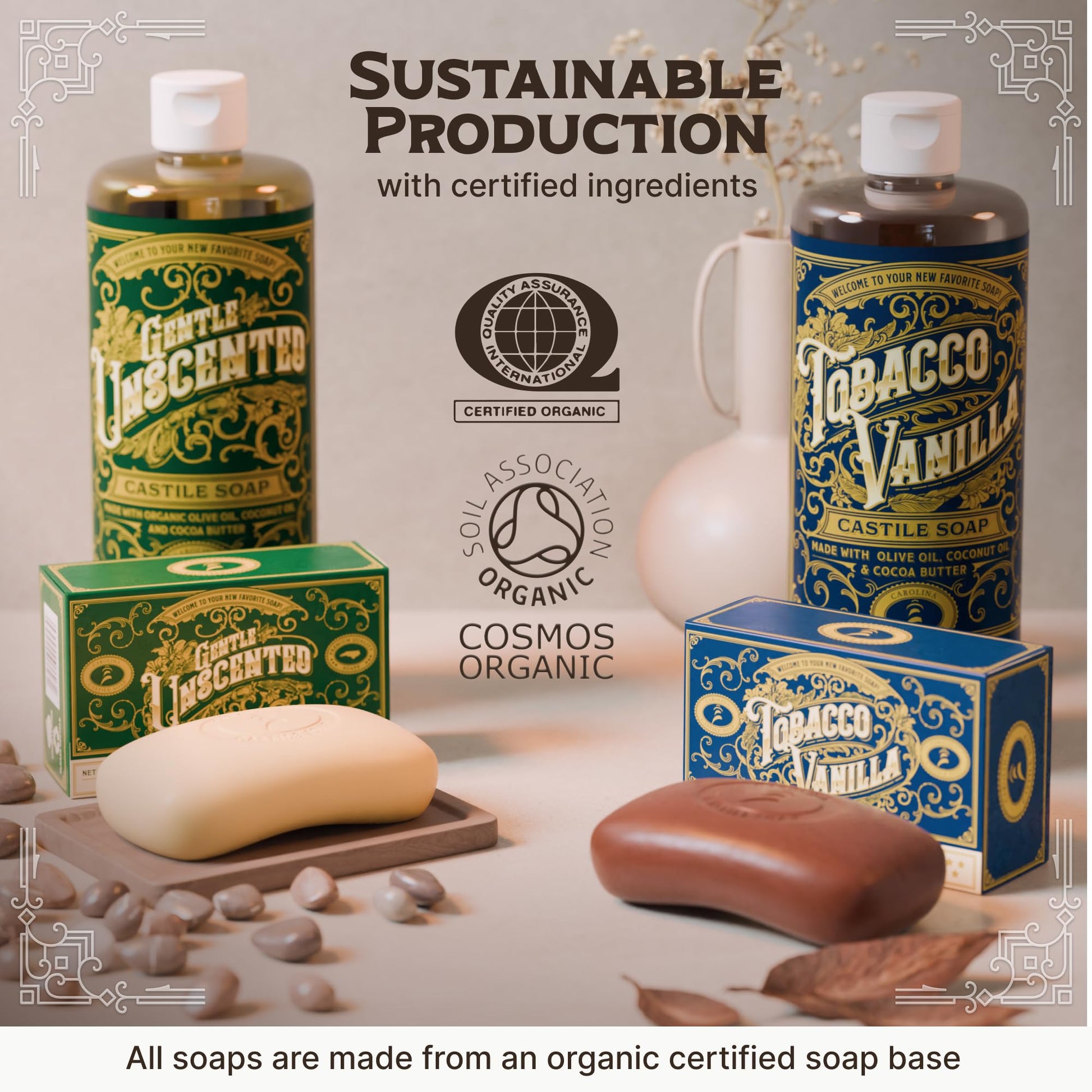 Gray Body Wash Castile Soap Bar for Sensitive Skin – Long Lasting Natural Bar Soap for Men w/Olive Oil and Cocoa Butter - Vegan Tobacco Vanilla Scented by Carolina Castile, 5 oz Each