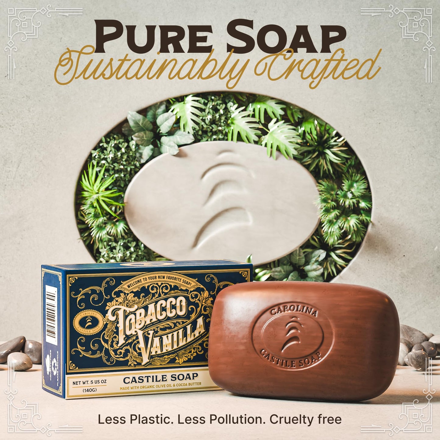 Light Gray Body Wash Castile Soap Bar for Sensitive Skin – Long Lasting Natural Bar Soap for Men w/Olive Oil and Cocoa Butter - Vegan Tobacco Vanilla Scented by Carolina Castile, 5 oz Each