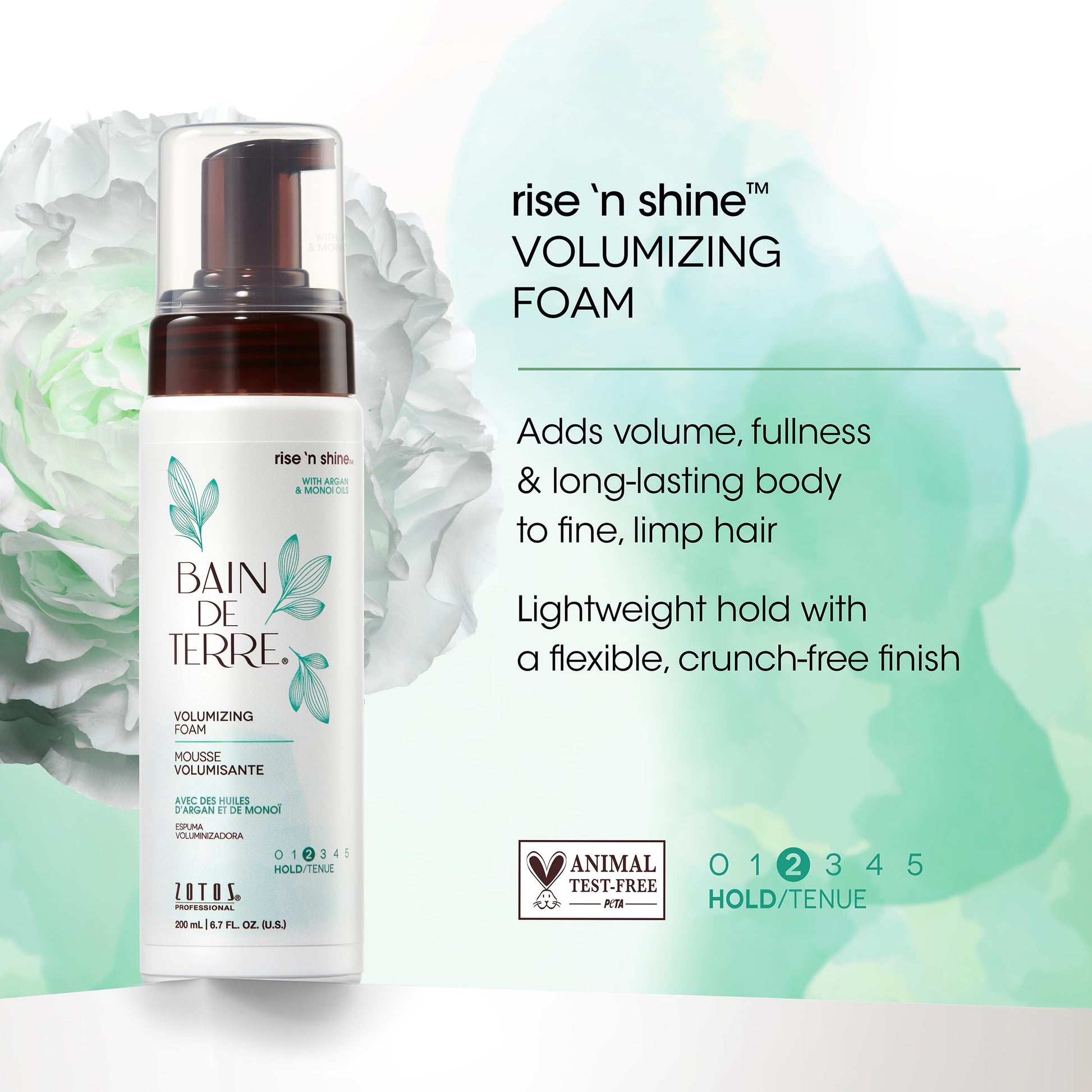 White Smoke Bain de Terre Rise N' Shine Volumizing Foam, Lightweight Medium Hold & Volume with Argan & Monoi Oils, Paraben-Free, Color-Safe, Vegan, 6.7 Fl Oz