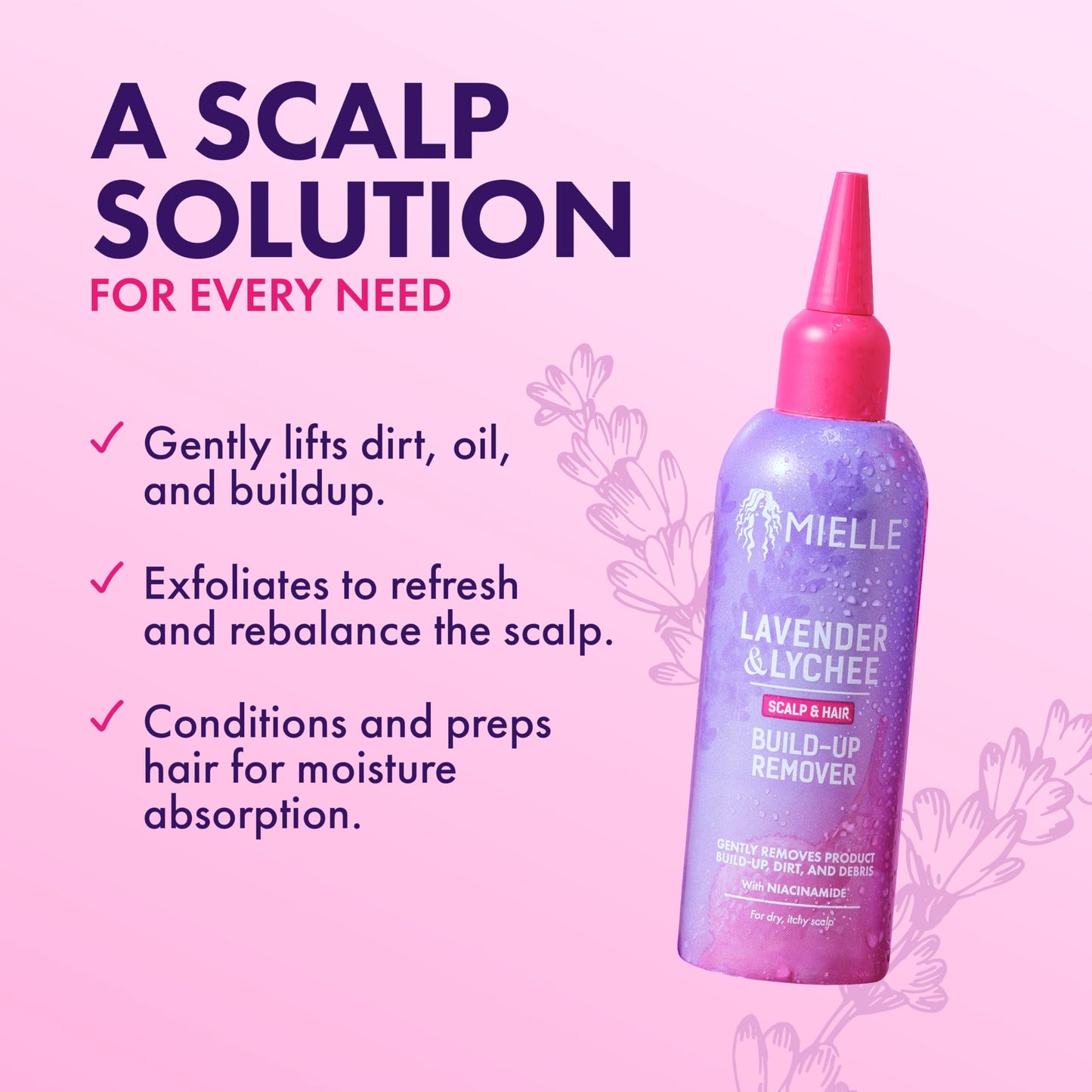 Misty Rose Mielle Organics Lavender & Lychee Scalp & Hair Build-Up Remover, Clarifying Pre-Shampoo Treatment for Product Build Up, Dirt & Oil, With Niacinamide, Castor Oil & Lavender Extract, 4 fl oz