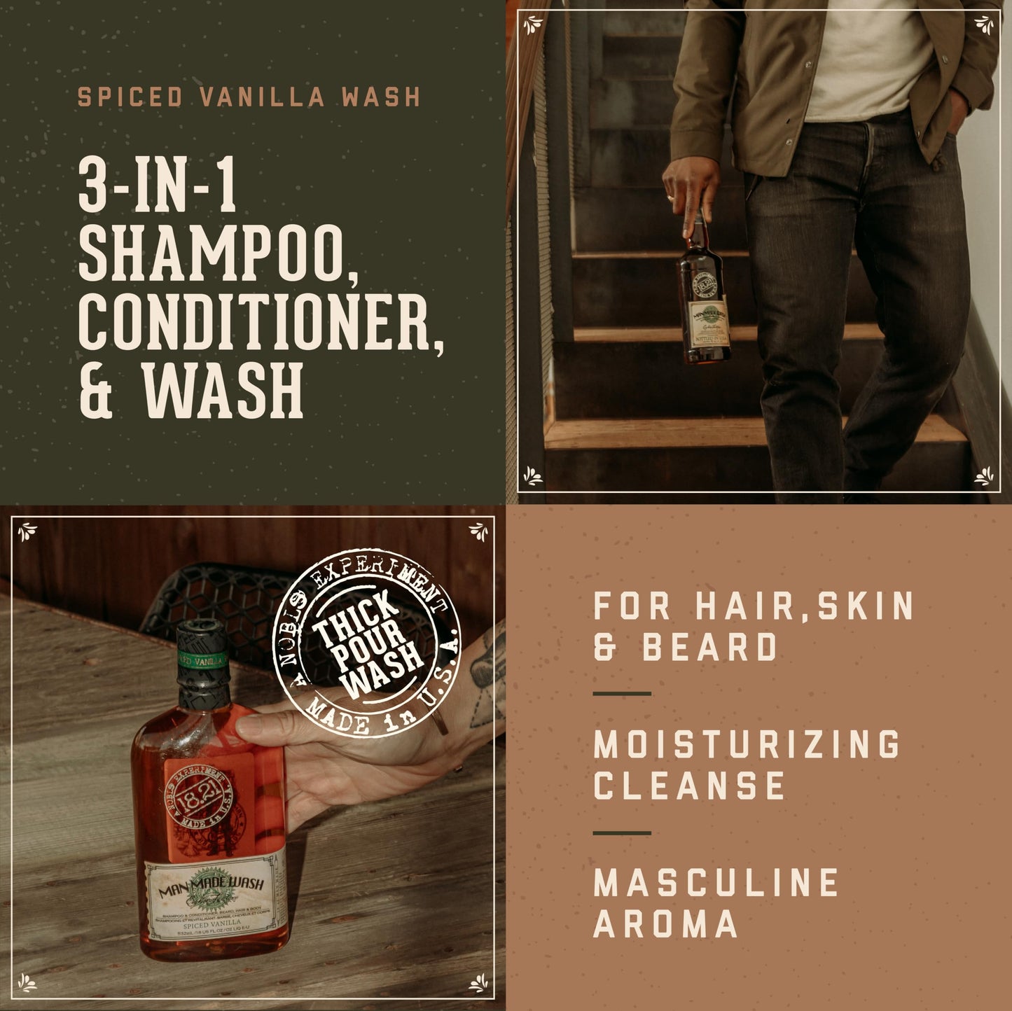 Sienna 18.21 Man Made Original Spiced Vanilla 3-in-1 Body Wash, Shampoo, & Conditioner for Men, All Hair & Skin Types, Strengthens and Moisturizes in a Manly Aroma, 3.4oz