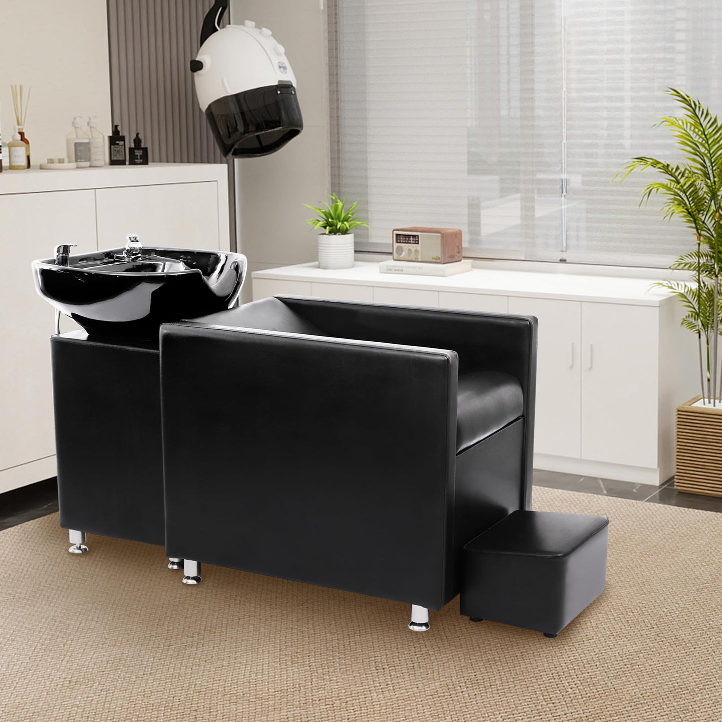 Black YOCONYO Backwash Shampoo Station Chair, Shampoo Bowl and Chair Set for Salon, Hair Washing Station for Hair Stylist, Backwash Chair with Ceramic Bowl, Sink Chair Station for Barbershop