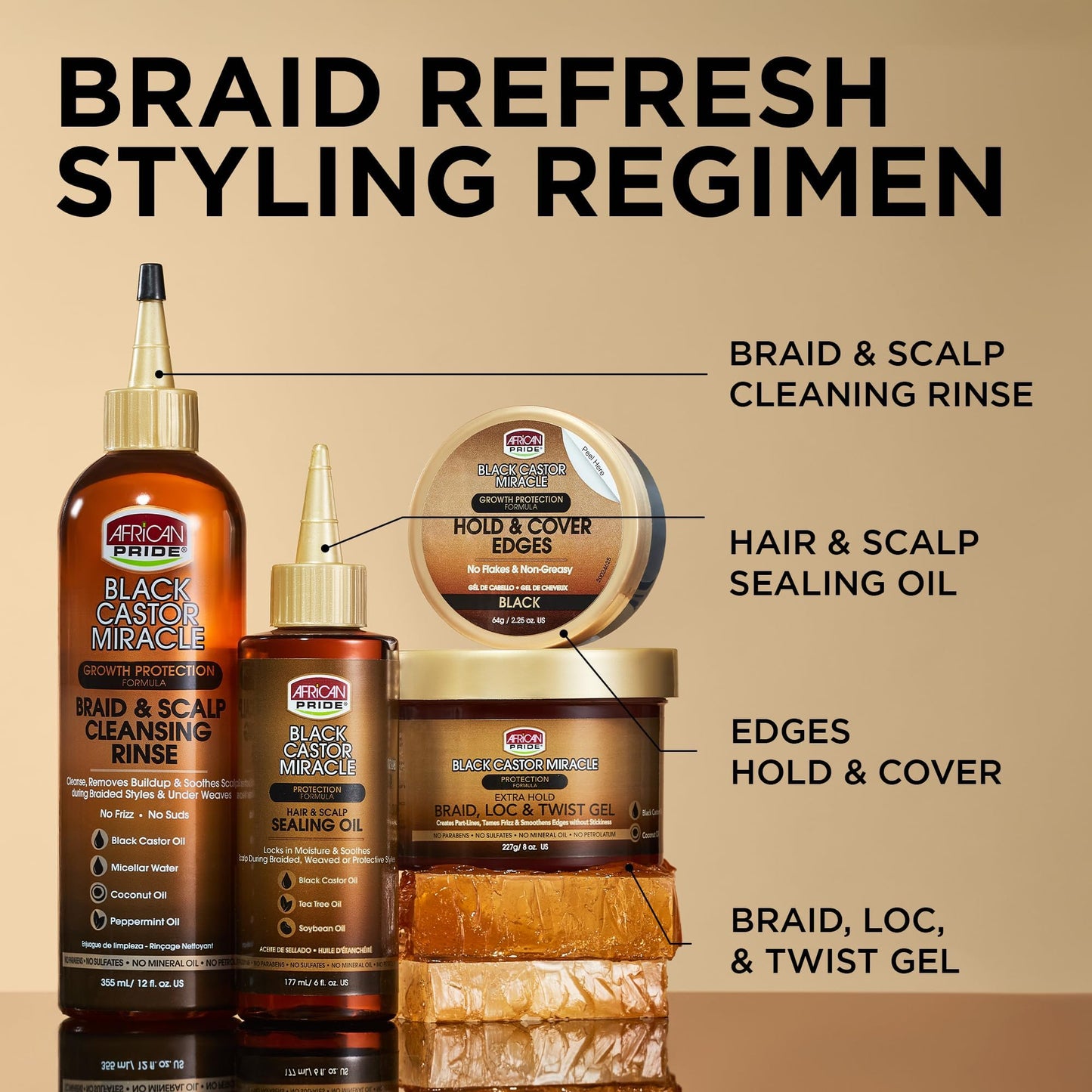Tan African Pride Black Castor Miracle Extra Hold Braid, Loc, Twist Gel - Extreme Hold Braiding Hair Gel, Edge Control & Tames Frizz, No Flake | Natural Ingredients, Coconut Oil | 8oz