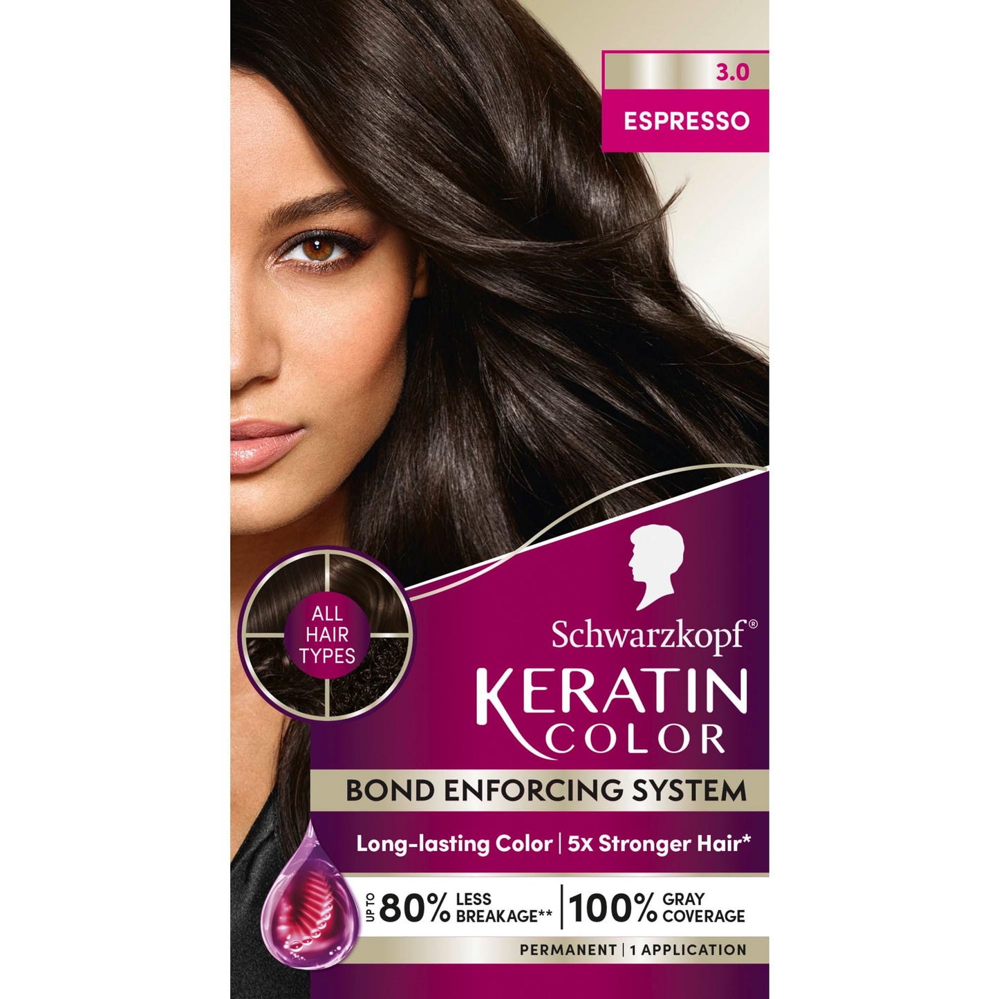 Black Schwarzkopf Keratin Permanent Hair Dye Cream, 3.0 Espresso, Professional Quality Color for Up to 100% Gray Coverage, Bond Enforcing System
