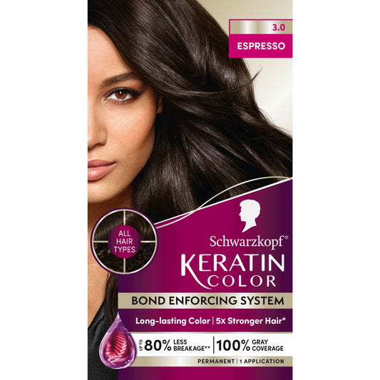 Black Schwarzkopf Keratin Permanent Hair Dye Cream, 3.0 Espresso, Professional Quality Color for Up to 100% Gray Coverage, Bond Enforcing System