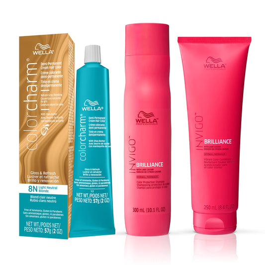 White Smoke WELLA Color Charm Invigo Brilliance Color Protection Shampoo & Conditioner, For Fine Hair + Demi Permanent Hair Color, 8N Light Neutral Blonde