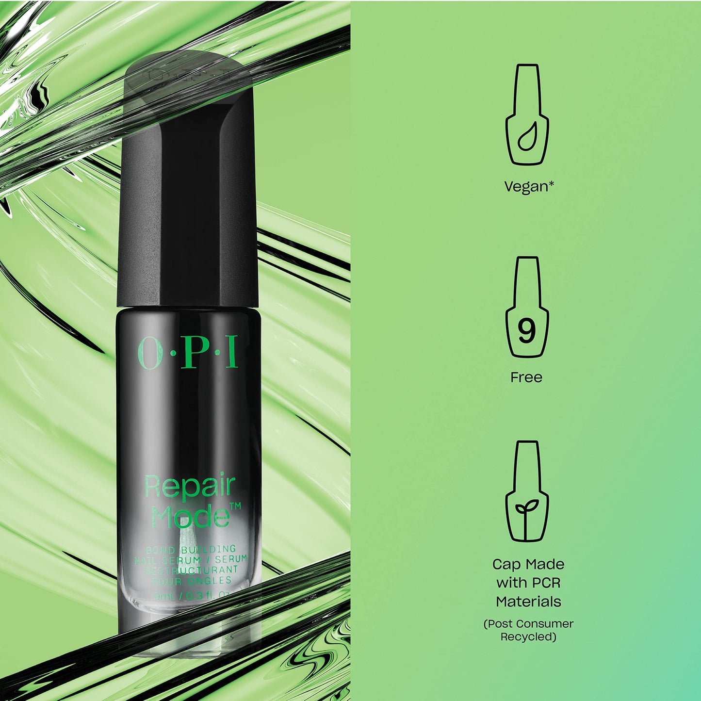 Light Green OPI Repair Mode Bond Building Nail Serum, Patented Ulti-Plex Technology ™, Keratin Protein, Clear, 0.3 fl oz + OPI Nail Envy, Nail Strengthening Treatment, Alpine Snow, 0.5 fl oz, Vegan Formula