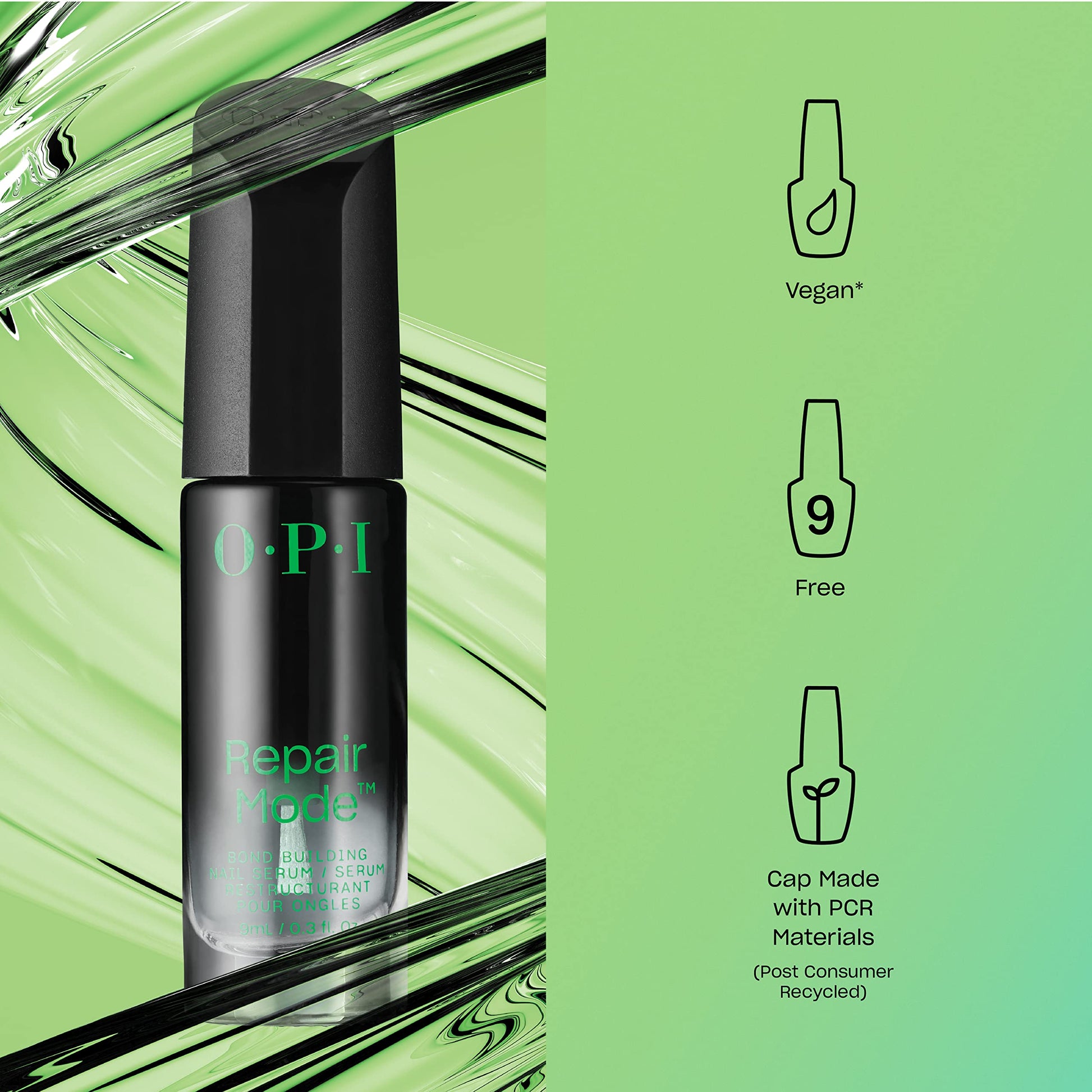 Light Green OPI Repair Mode Bond Building Nail Serum, Patented Ulti-Plex Technology ™, Keratin Protein, Clear, 0.3 fl oz + OPI Nail Envy, Nail Strengthening Treatment, Alpine Snow, 0.5 fl oz, Vegan Formula