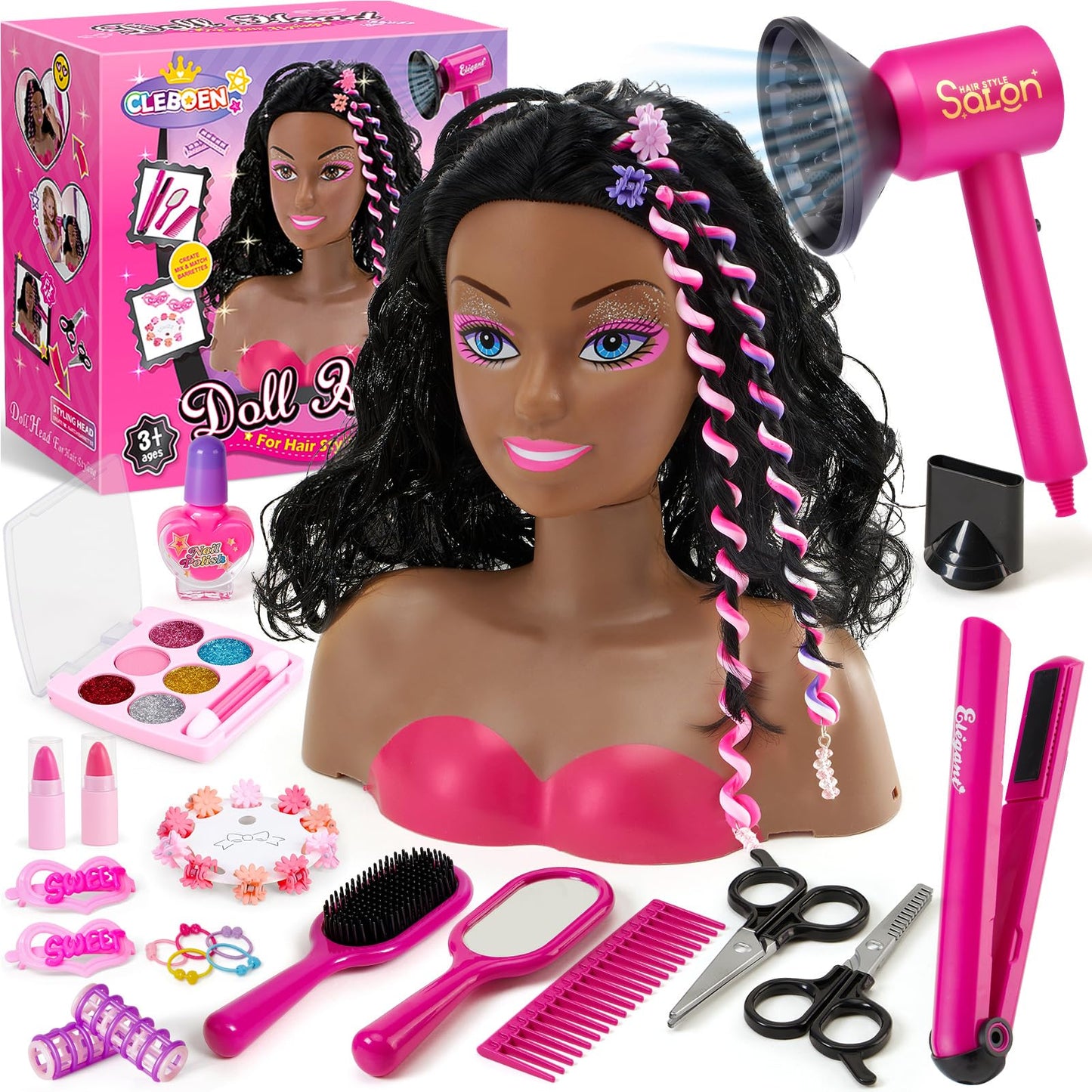 White Smoke Cleboen Hair Styling Doll Head Makeup Kit for Girls Toys, 35PCS Kids Hair Salon Pretend Playset with Hairdryer Straightener Headwears & Real Makeup Nail Polish, Birthday Gifts for Girls 3 4 5 6 7 8+