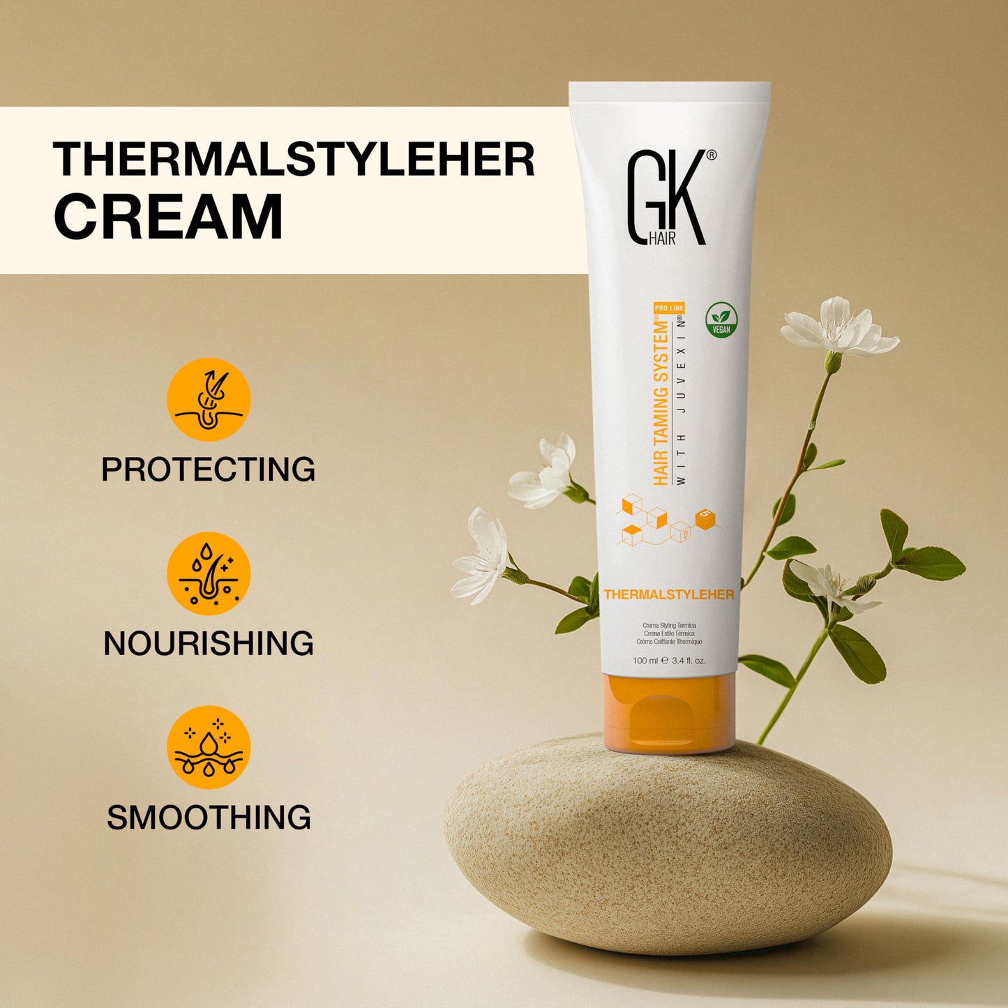Tan GK HAIR Thermastylher Cream 3.4 oz – Heat Protectant Styling Cream, Blow Dry Cream for Frizz Control, Smooth & Strengthen Hair, Heat Protection for All Hair Types
