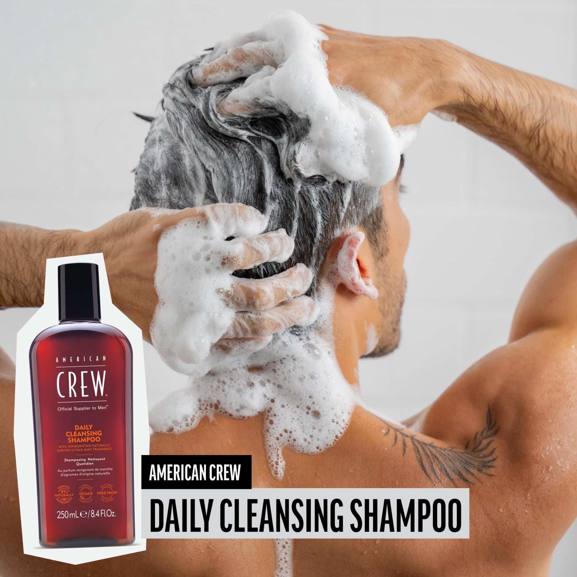 Light Gray American Crew Shampoo for Men, Daily Cleanser, Naturally Derived, Vegan Formula, Citrus Mint Fragrance, 33.8 Fl Oz