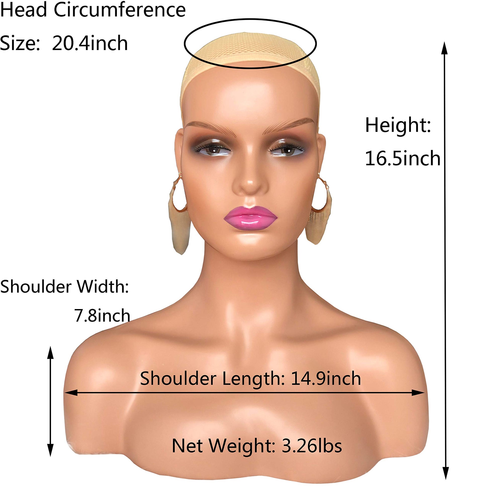 White Smoke Voloria Realistic Female Mannequin Head with Shoulder Manikin PVC Head Bust Wig Head Stand with Makeup for Wigs Necklace Earrings Light Brown
