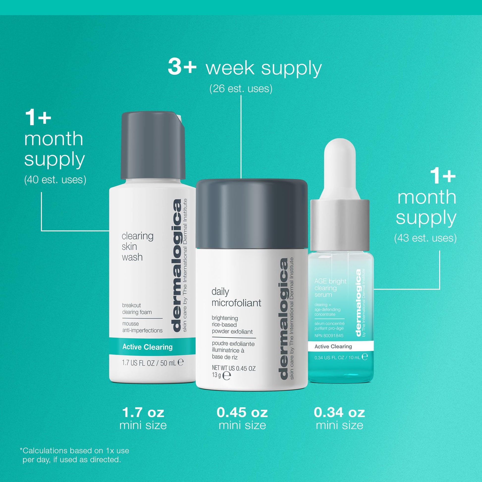 Light Sea Green Dermalogica Clear and Brighten Kit, 3 Step Facial Skincare Set - Includes Face Cleanser, Exfoliator, and Serum