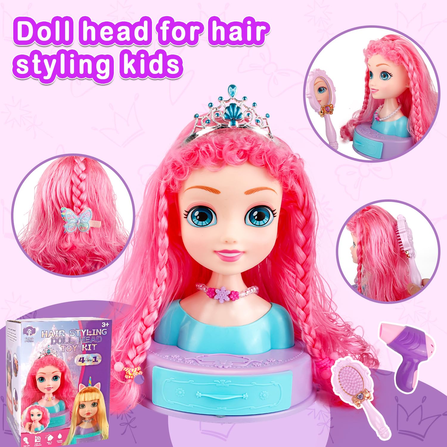 Lavender Blush Kryonixty 4-in-1 Doll Head for Hair Styling Kids-9Inch,41pcs Hair Salon Toys Makeup Kit Princess Accessories Pretend Play Toys Birthday Gifts for 3-8 Year Old Girls