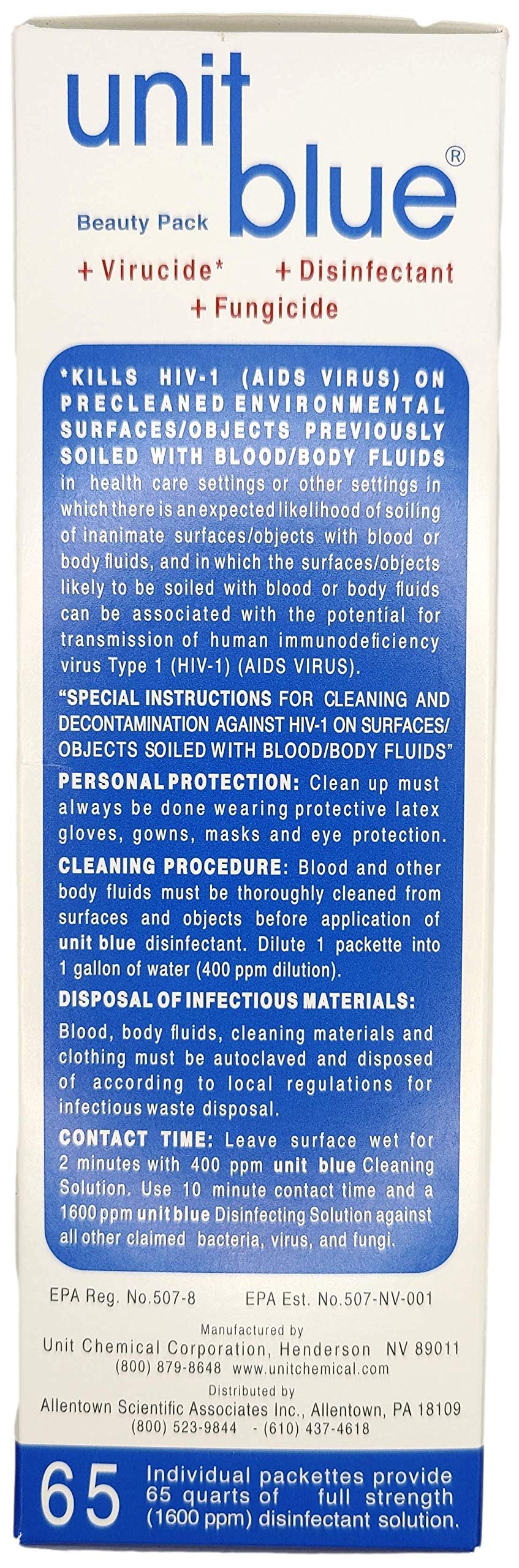 White Smoke Unit Blue Germicidal Barber Disinfectant Liquid Cleaner Concentrate for Barbers - Anti-Rust Formula to Sterilize Scissors, Clips, Razors, Brush & Combs - 65 Sachets Makes 65 QT Solution at 1600 PPM