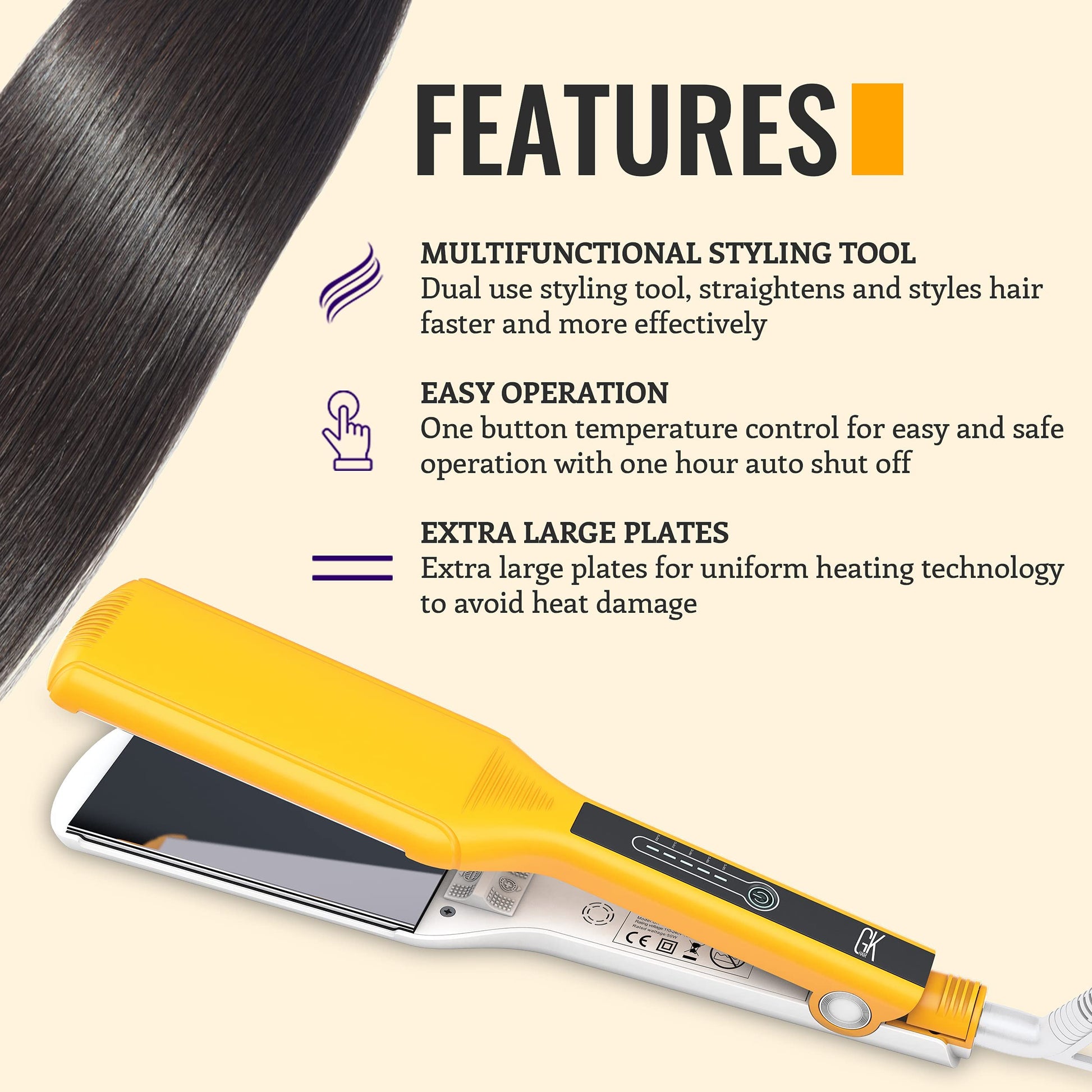 Beige GK HAIR Global Keratin One Control Titanium Styling Flat Iron, 1.5 inches Wide Plates, Auto Shutoff, Professional Straightener, All Hair Types, 150C-232C