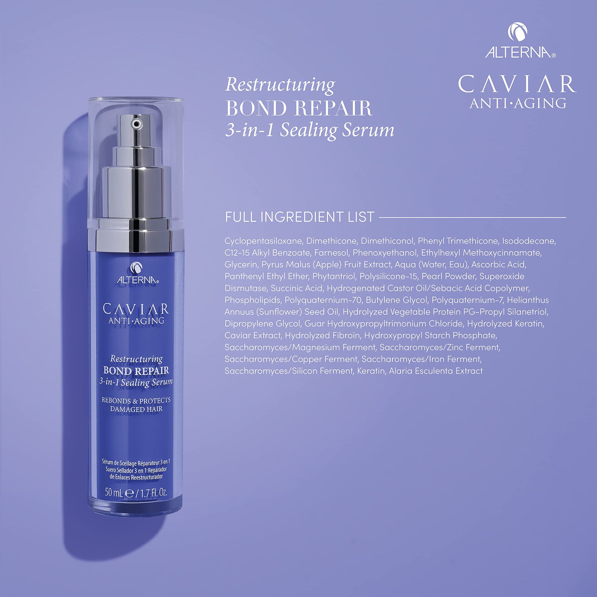 Medium Purple Alterna Haircare CAVIAR Anti-Aging Restructuring Bond Repair 3-in-1 Sealing Serum, Rebonds and Protects Damaged Hair,1.7 Fl Oz