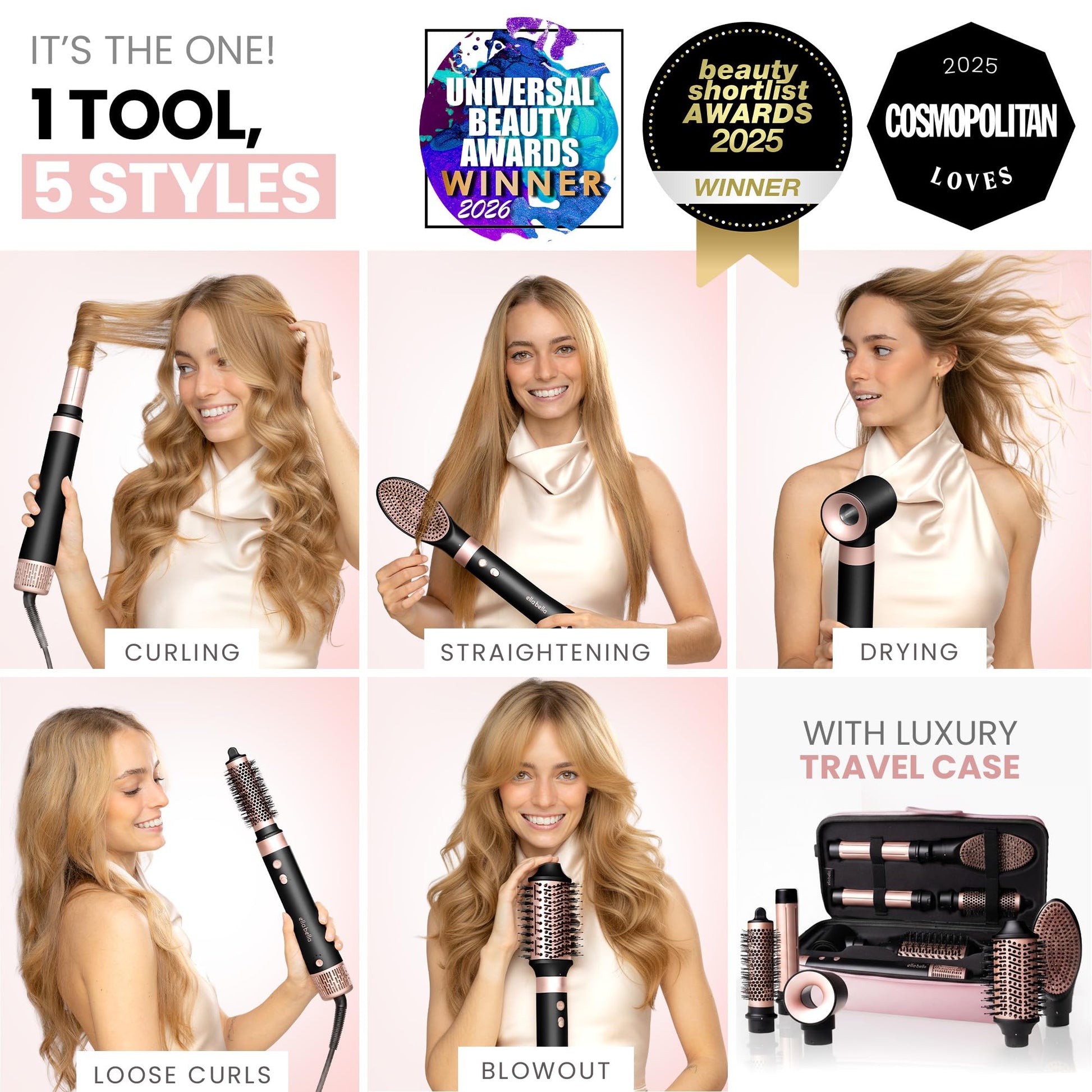 White Smoke ELLA BELLA® 6 in 1 Professional Hot Air Styler • Powerful Hair Dryer & Straightener Set • Styling Without Heat Damage • Fast Drying Curling Volumizing Straightening • Includes Protective Travel Case