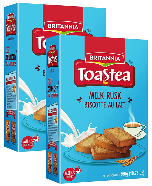 White Smoke Britannia Toastea Milk Rusk 19.75oz (560g) - Biscotte Au Lait Crispy, Crunchy Tea Moments Breakfast & Time Snacks Halal and Suitable for Vegetarians (Pack of 2)