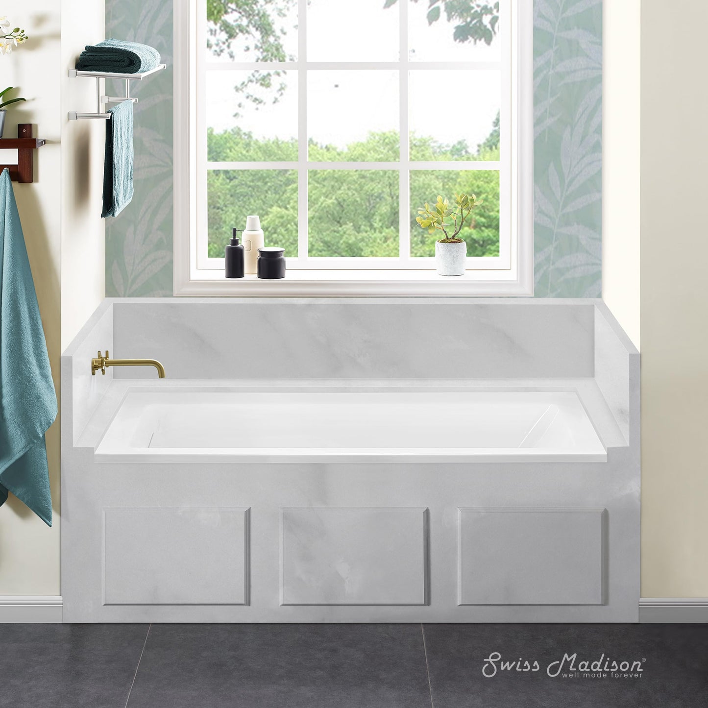 Gray Swiss Madison Voltaire 60 x 32 Left Drain Soaking Alcove Bathtub in Glossy White with Integrated Overflow, Drain Included