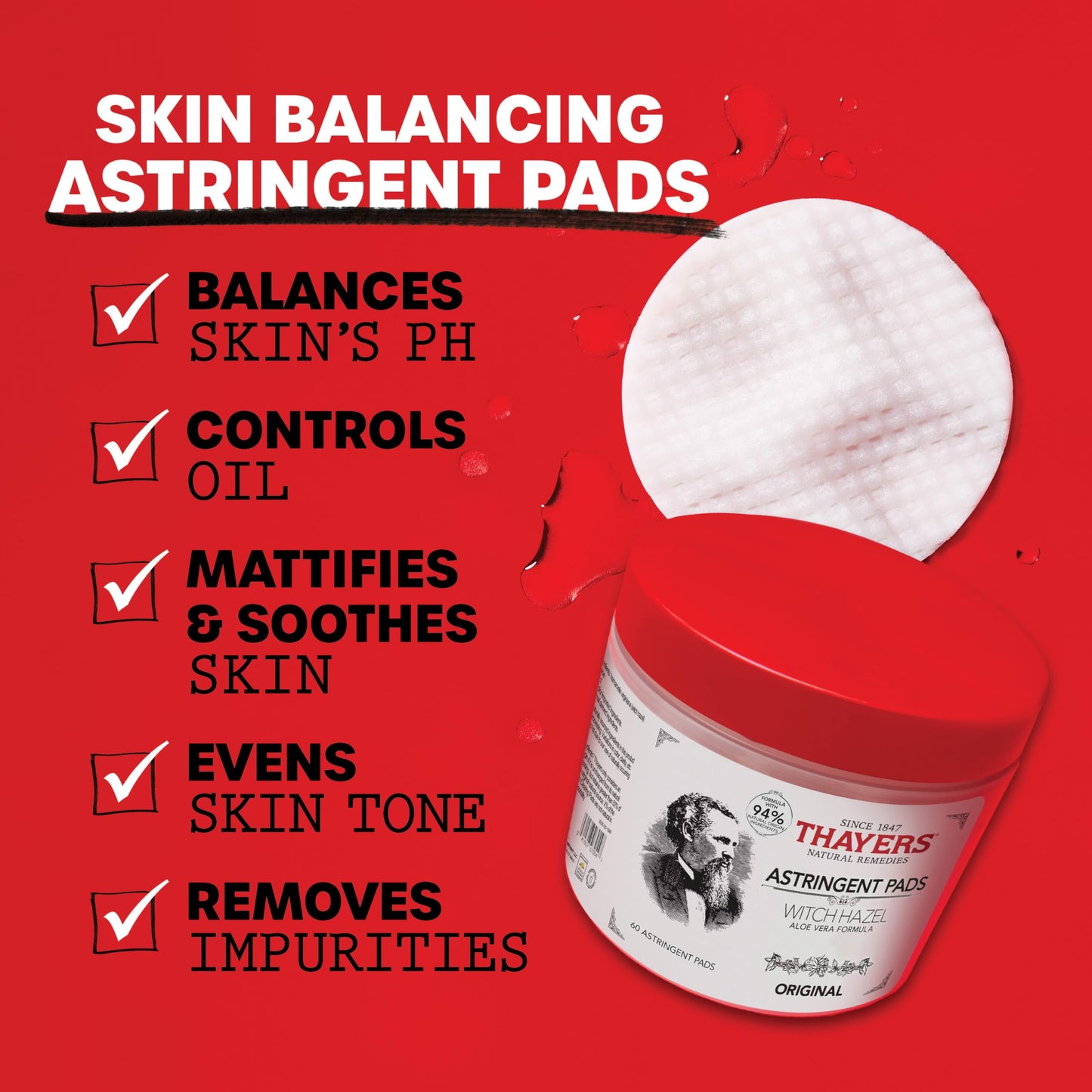 Firebrick THAYERS Original Witch Hazel Astringent Pads with Aloe Vera Formula, 60 Count
