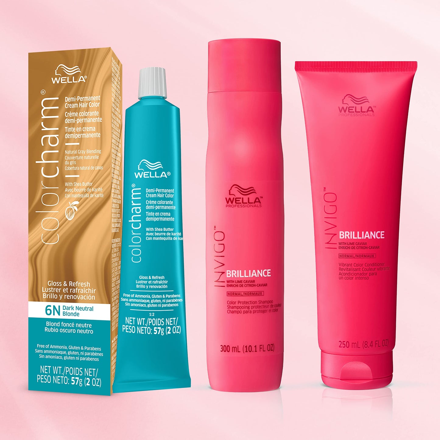 Misty Rose Wella Professionals Invigo Brilliance Color Protection Shampoo & Conditioner, For Fine Hair + Wella ColorCharm Demi Permanent Hair Color, 6N Dark Neutral Blonde