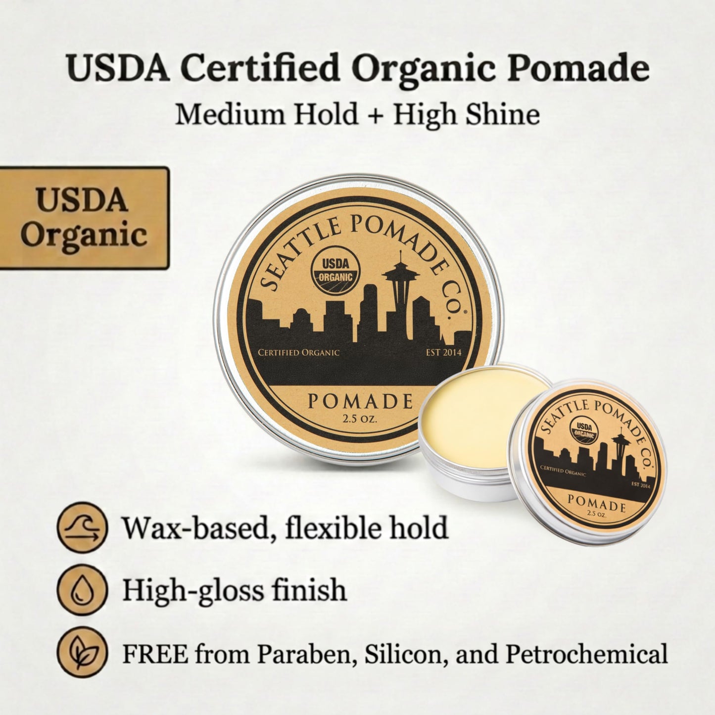 White Smoke Seattle Pomade Co. USDA Certified Organic Pomade. Medium Hold & High Shine, Hair Styling Formula Non GMO, Made with organic materials from around the world.