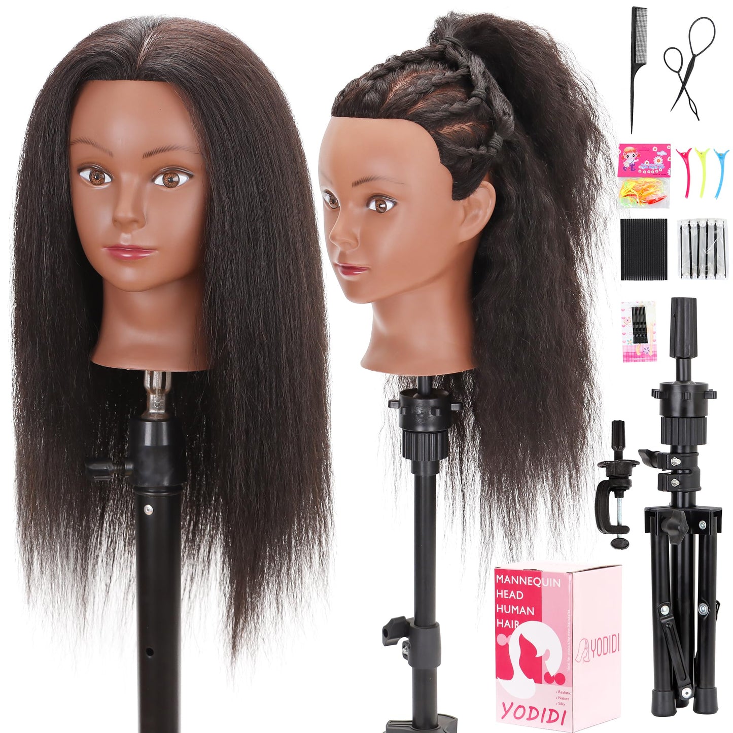 White Smoke YODIDI Mannequin Head with 100% Human Hair, Manikin Head Human Hair Cosmetology Doll Head for Hair Styling Hairdresser Practice Braiding with Table Clamp Stand and Tools (16 inch + tripod)