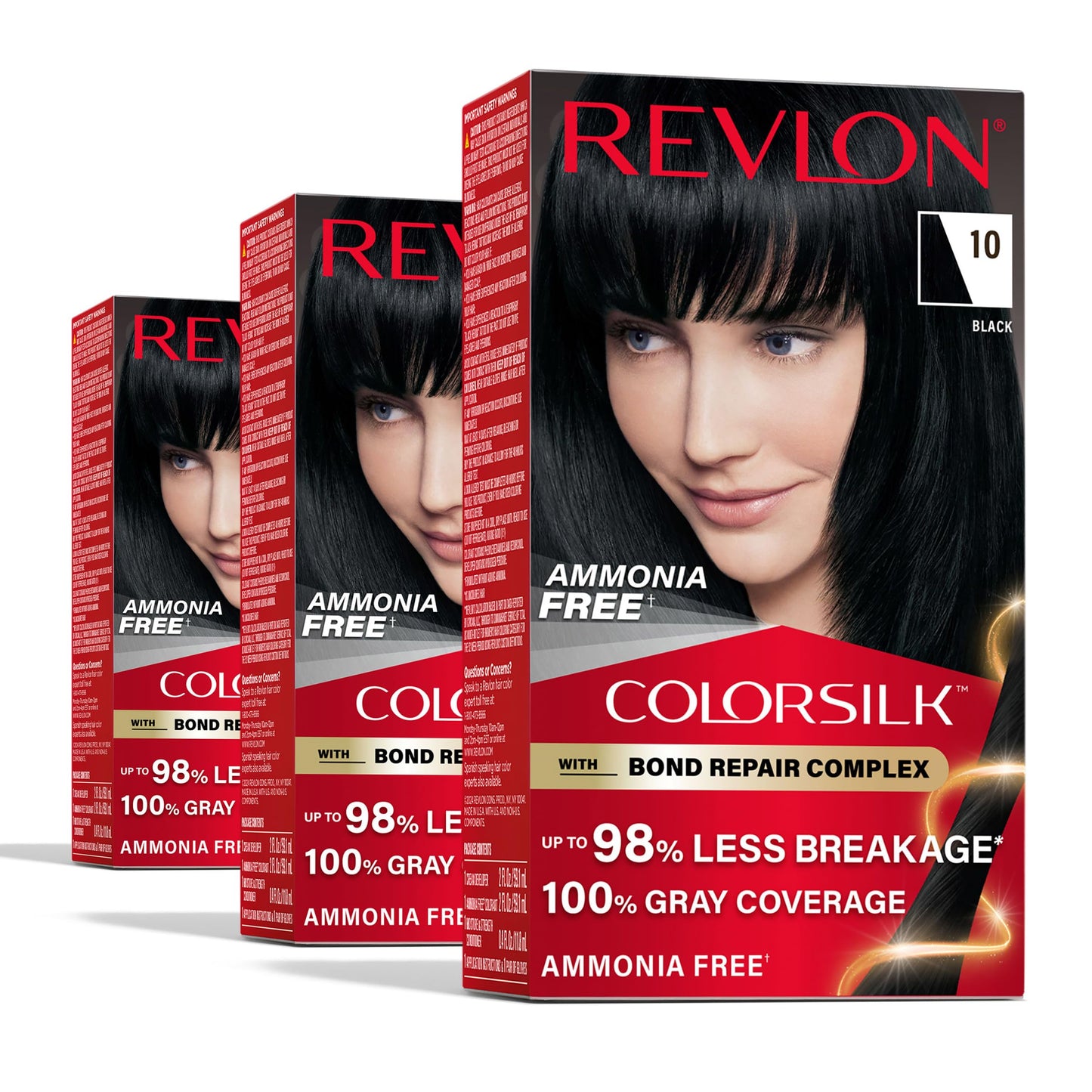 White Smoke Revlon ColorSilk with Bond Repair Complex, Black Permanent Hair Color, 100% Gray Coverage, Ammonia Free Hair Dye, Vegan Keratin, 10 Black (Pack of 3)