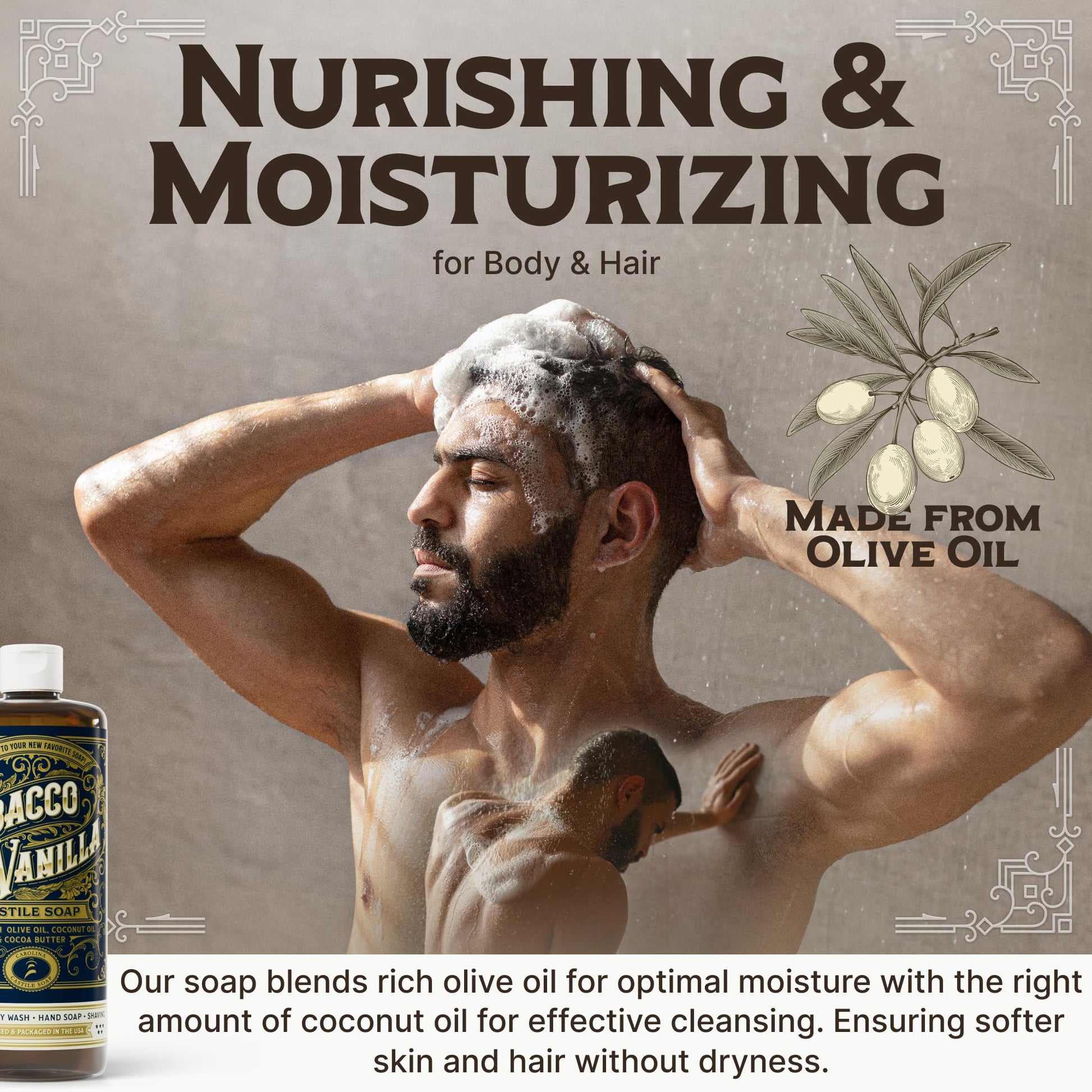 Rosy Brown Castile Liquid Body Wash for Sensitive Skin – Natural Shampoo for Men with Olive Oil, Cocoa Butter & Coconut Oil – Tobacco Vanilla by Carolina Castile (Tobacco Vanilla, 32 Fl Oz)
