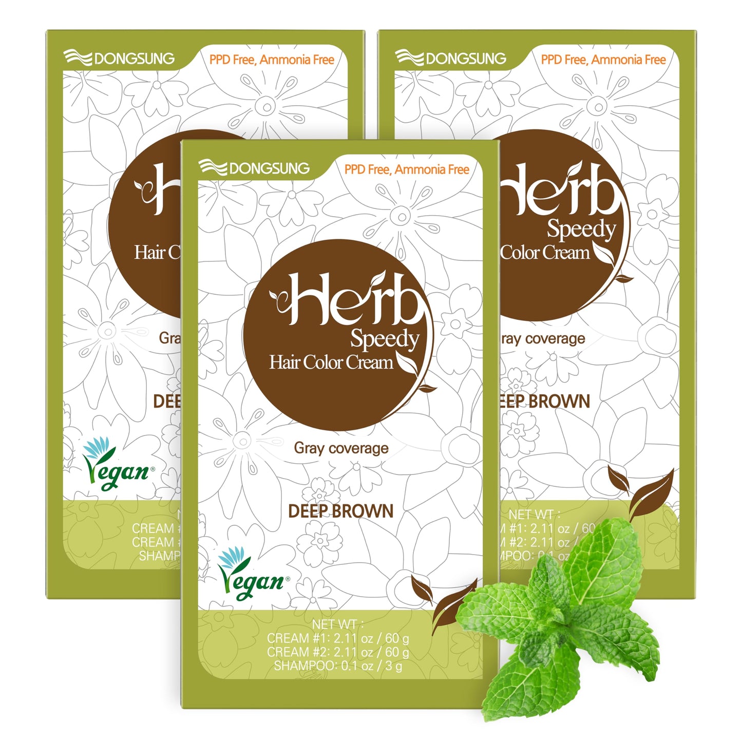 White Smoke Dongsung Herb Speedy Color Cream(Deep Brown, 3Pack) Korean Herbal Vegan Hair Dye PPD-Free Ammonia-Free Hypoallergenic 100% Gray Coverage, Odorless, Dermatologically Tested, Quick 20-Minute Application