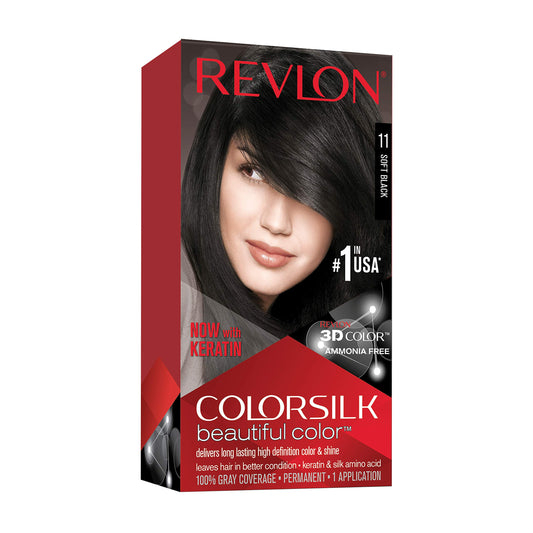 Black Revlon Permanent Hair Color, Permanent Hair Dye, Colorsilk with 100% Gray Coverage, Ammonia-Free, Keratin and Amino Acids, 11 Soft Black, 4.4 Oz (Pack of 1)