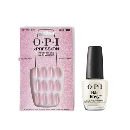 White Smoke Bundle of OPI xPress/ON Press On Nails, With Nail Glue, Long Baby Pink Velvet Almond Shape Nails, Editor in Chic + OPI Nail Envy, Nail Strengthening Treatment, Vegan Formula, 0.5 fl oz