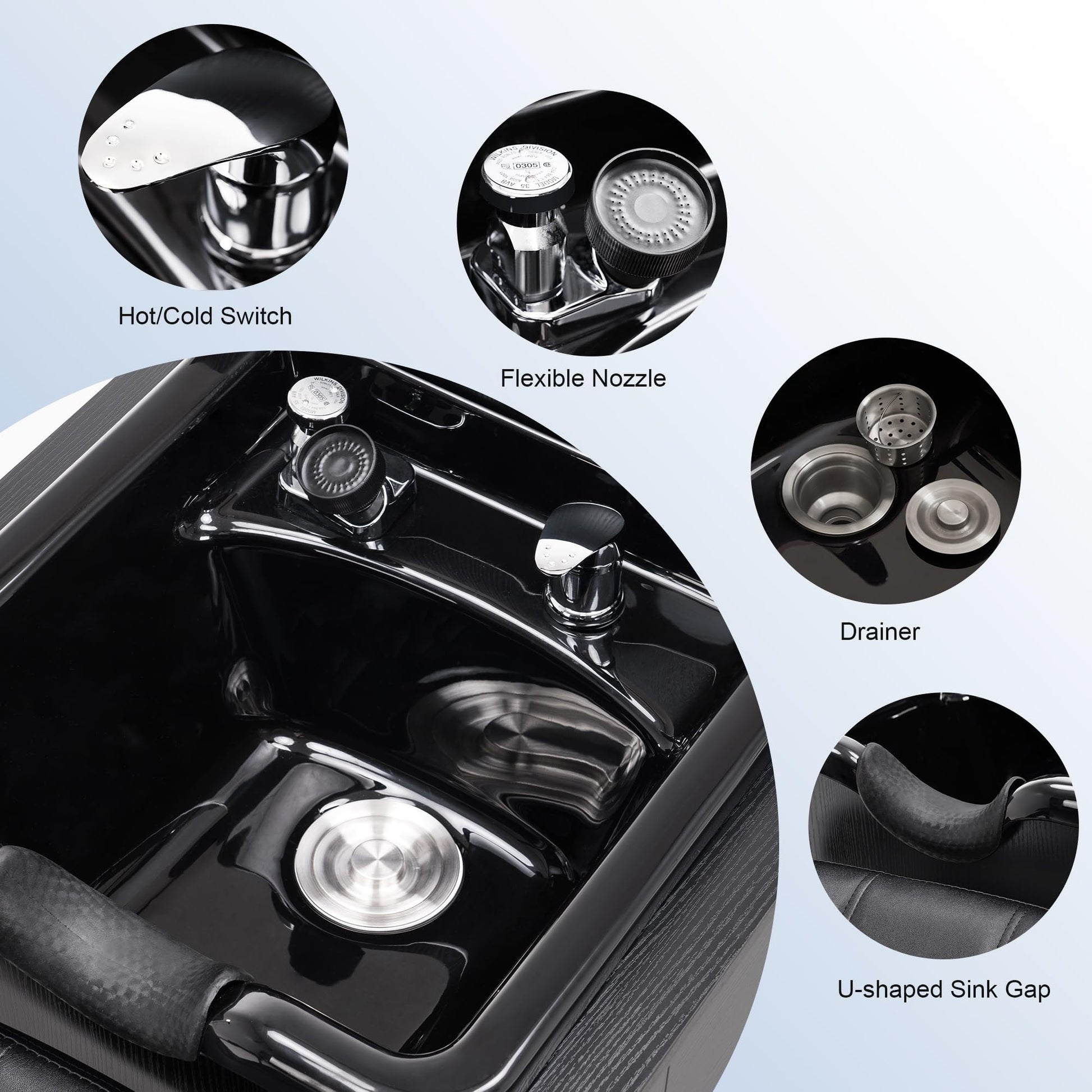 White Smoke BarberPub Shampoo Backwash Sink Station with Shampoo Bowl, Spa Salon Beauty Equipment 6154-7134, Black