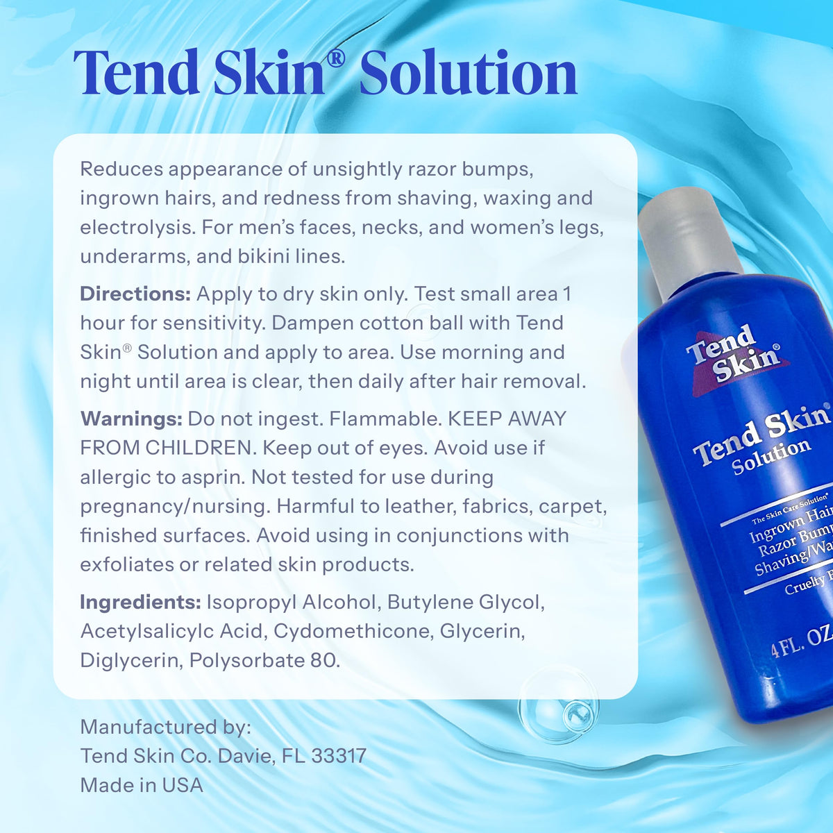 Alice Blue Tend Skin Solution for Unsightly Razor Bumps, Ingrown Hair and Razor Burns, Post Shaving and Waxing Toner for Men and Women, Made in USA, 4 Oz