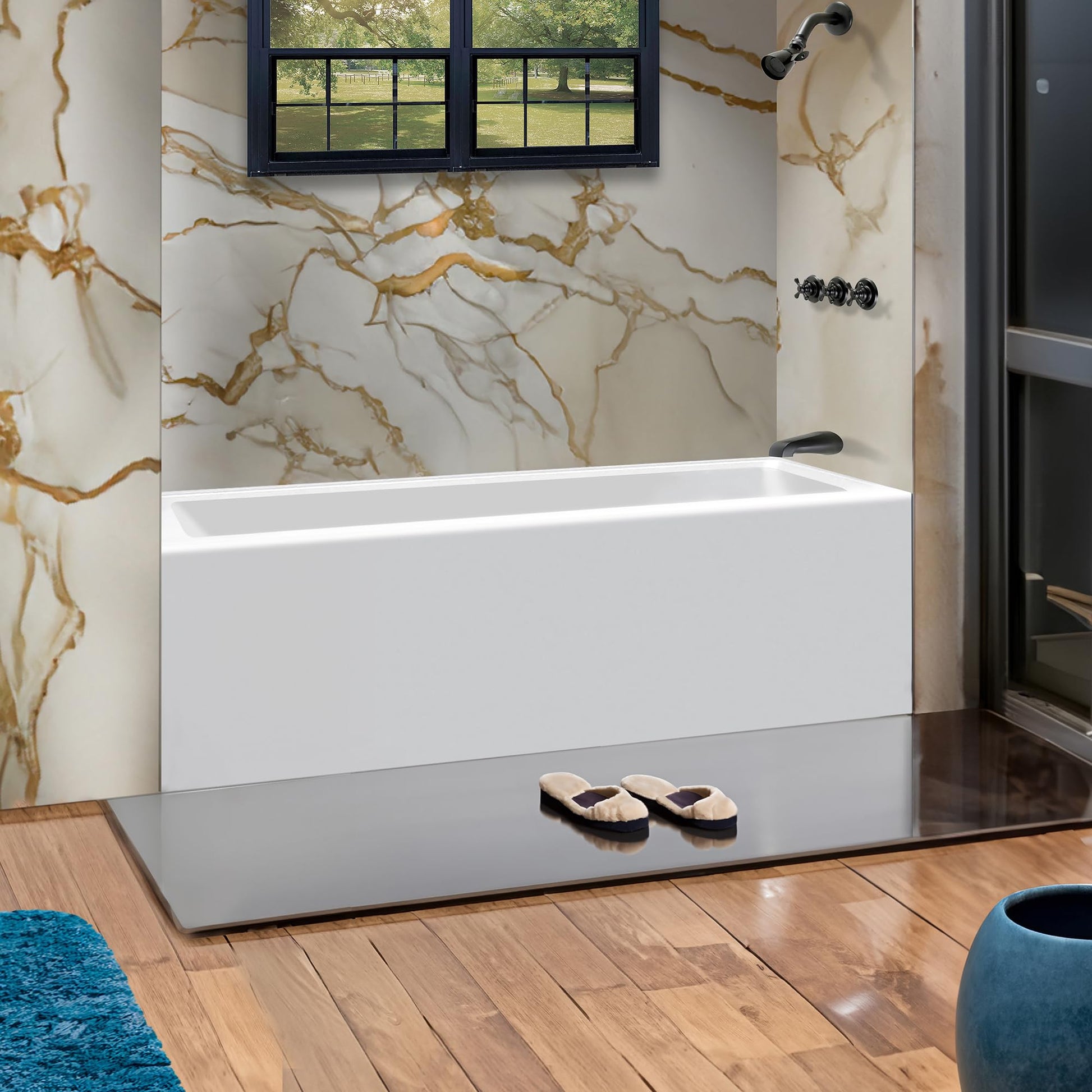 Gray Fine Fixtures Acrylic, Fiberglass Alcove Soaking Bathtub with Integral Apron Front - Drain Included (60" x 36", Right Hand, White)