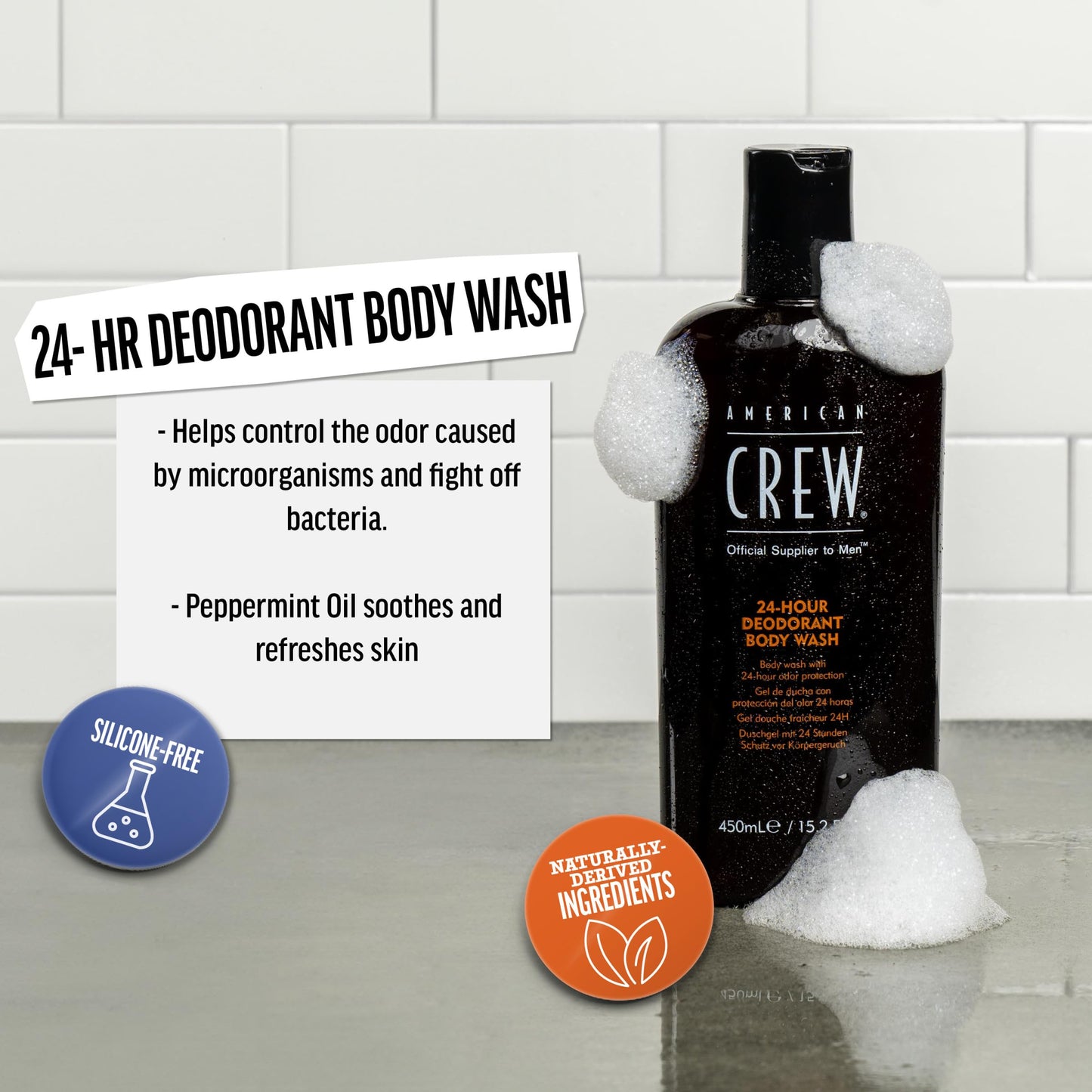 Lavender American Crew Men's Body Wash, Body Wash with 24 Hour Odor Protection, Deodorant Body Wash, 15.2 Fl Oz