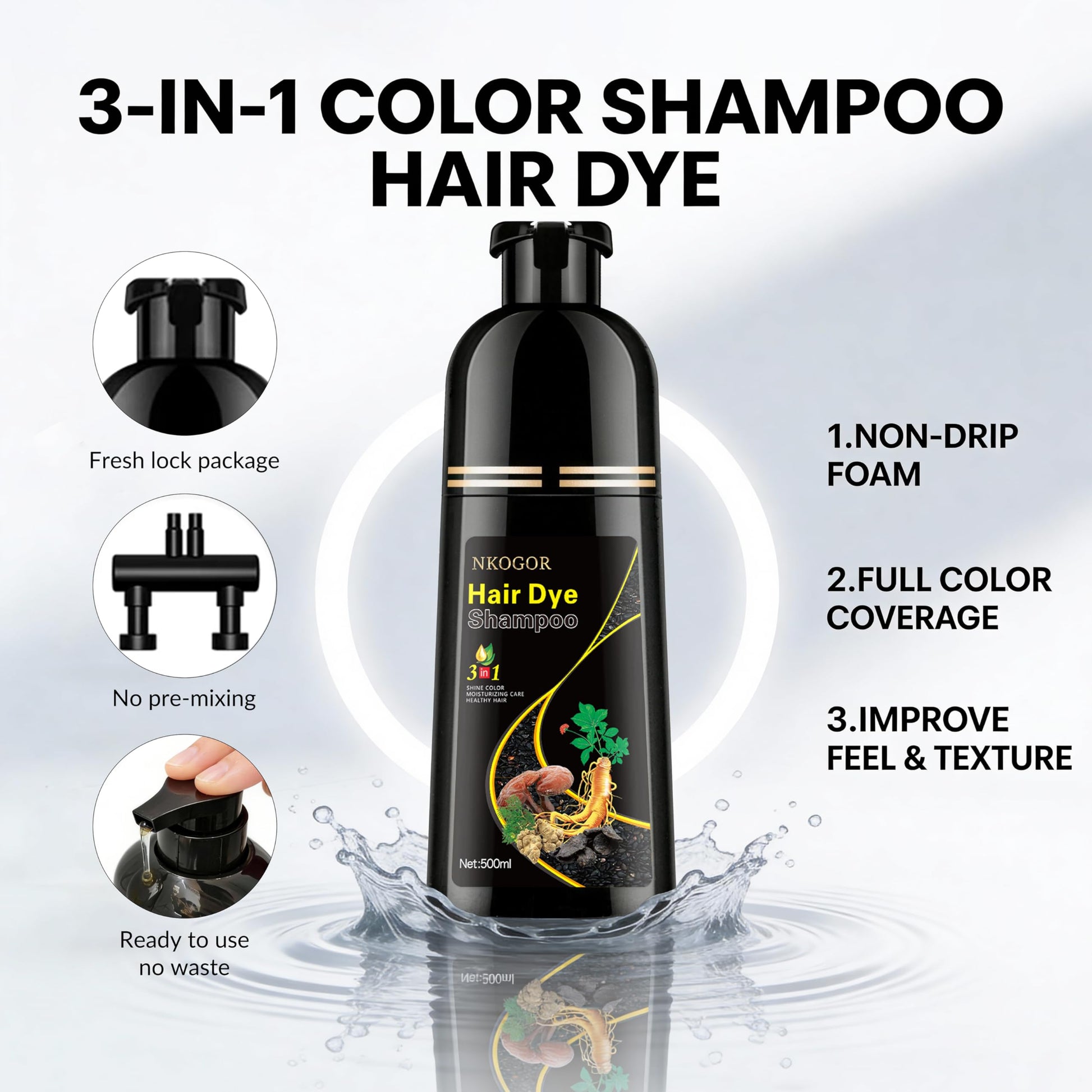 White Smoke NKOGOR Hair Dye Shampoo 3 in 1 Grey Coverage, Hair Dye Semi-Permanent Hair Color Shampoo for Women Men, Hair Color Herbal Ingredients Natural, Argan Oil, Olive Oil and Turmeric (Dark Brown)