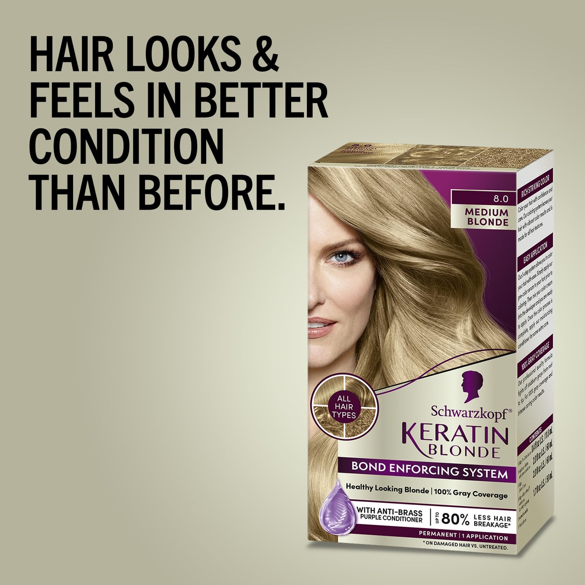 Dark Gray Schwarzkopf Keratin Blonde Hair Dye, 8.0 Medium Blonde, Professional Quality Permanent Hair Color, Bond Enforcing System, Pre-Color Serum & Purple Conditioner Included