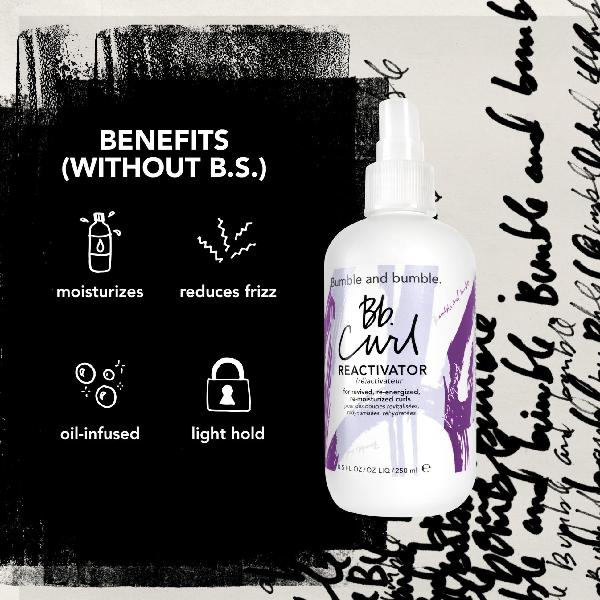 Black Bumble and bumble. Curl Reactivator Hair Mist | For Revived + Re-moisturized Coils, Curls, Waves | Anti Frizz | UV Protection| With Jojoba, Avocado + Coconut Oil | Standard Size, 8.5 Fl Oz
