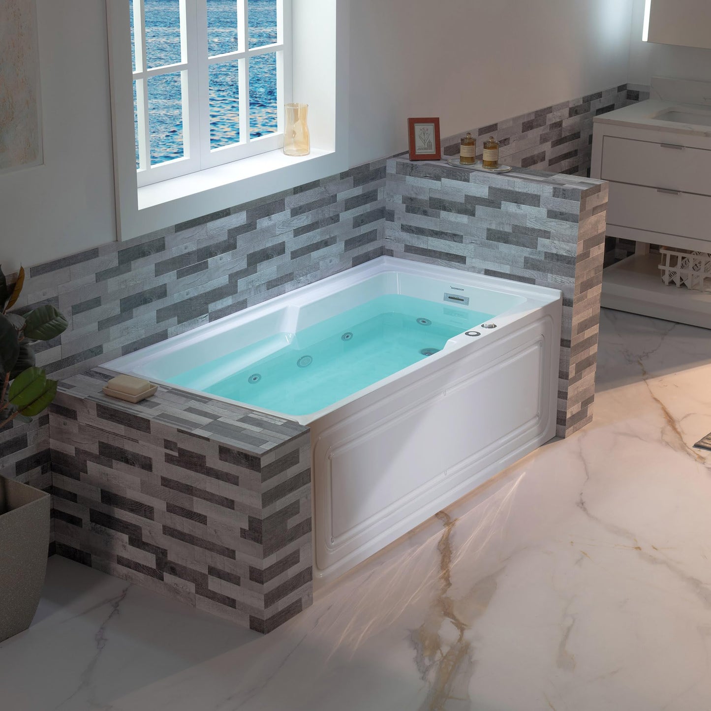 Dim Gray WOODBRIDGE 60" Alcove Acrylic Rectangular Whirlpool Heated Jetted Tub in White with Right Drain, Chrome pop-up Drain Included BS6030R