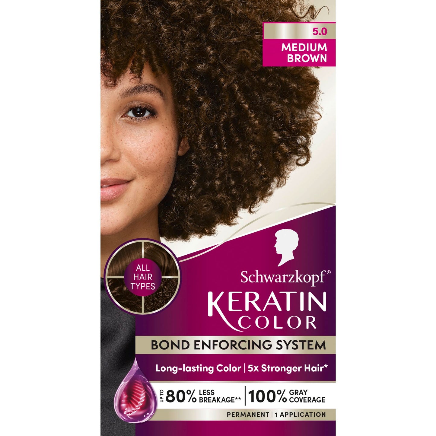 Black Schwarzkopf Keratin Permanent Hair Dye Cream, 5.0 Medium Brown, Professional Quality Color for Up to 100% Gray Coverage, Bond Enforcing System