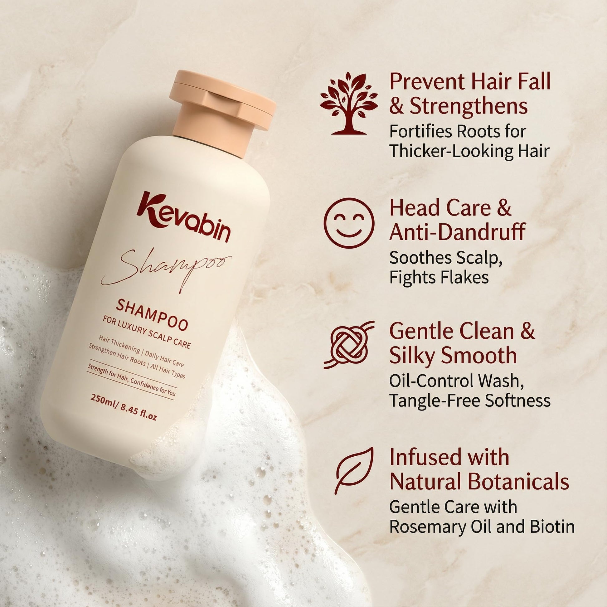 Light Gray Kevabin Shampoo and Conditioner Set for Thinning Hair Care & Thickening - Rosemary Shampoo and Conditioner for Women & Men with Biotin, Ganoderma Lucidum, Free of Parabens & Phthalates, Gently Cleanse