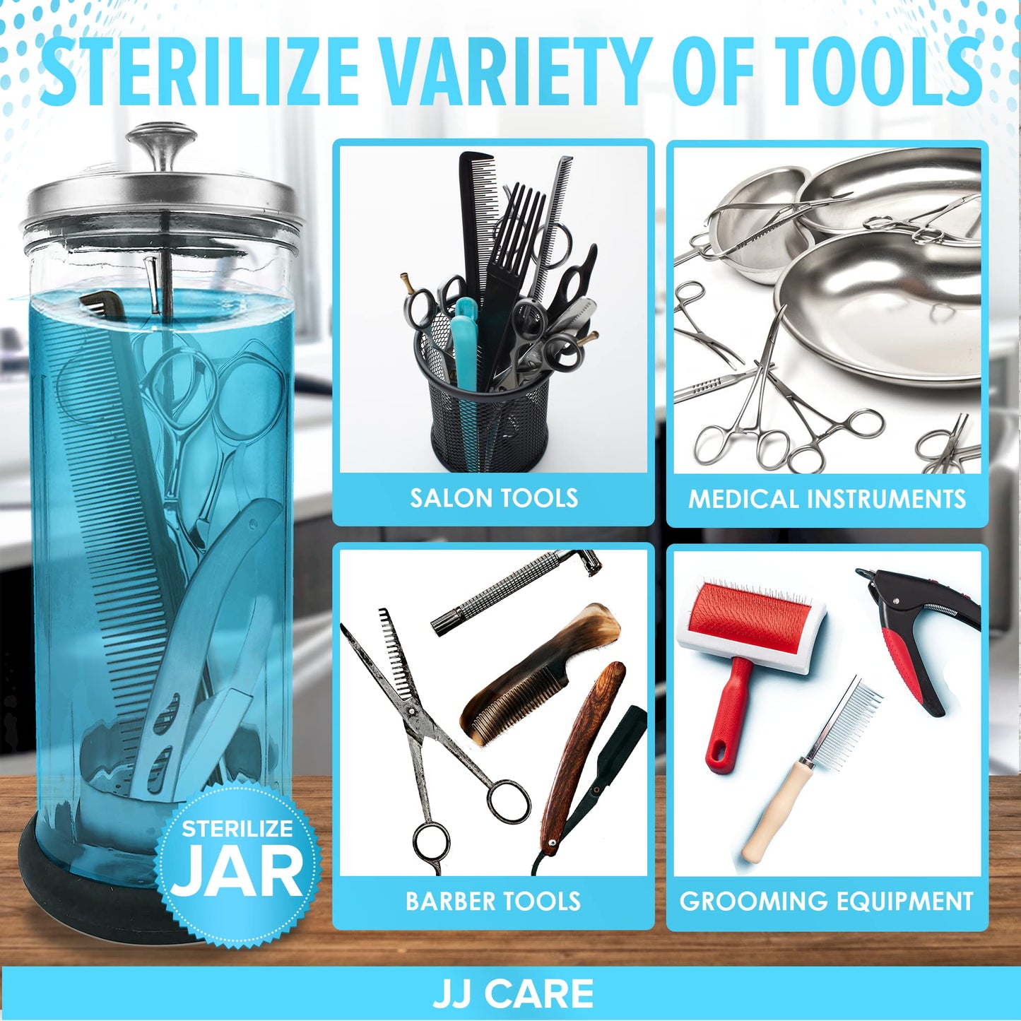 White Smoke JJ CARE Disinfectant Jar (42oz) - Barber Disinfectant Jar Glass, Sanitizer Container w/Stainless Steel Removable Strainer & Cap for Manicure, Salon, Spa and Barber Tools - Silver Lid