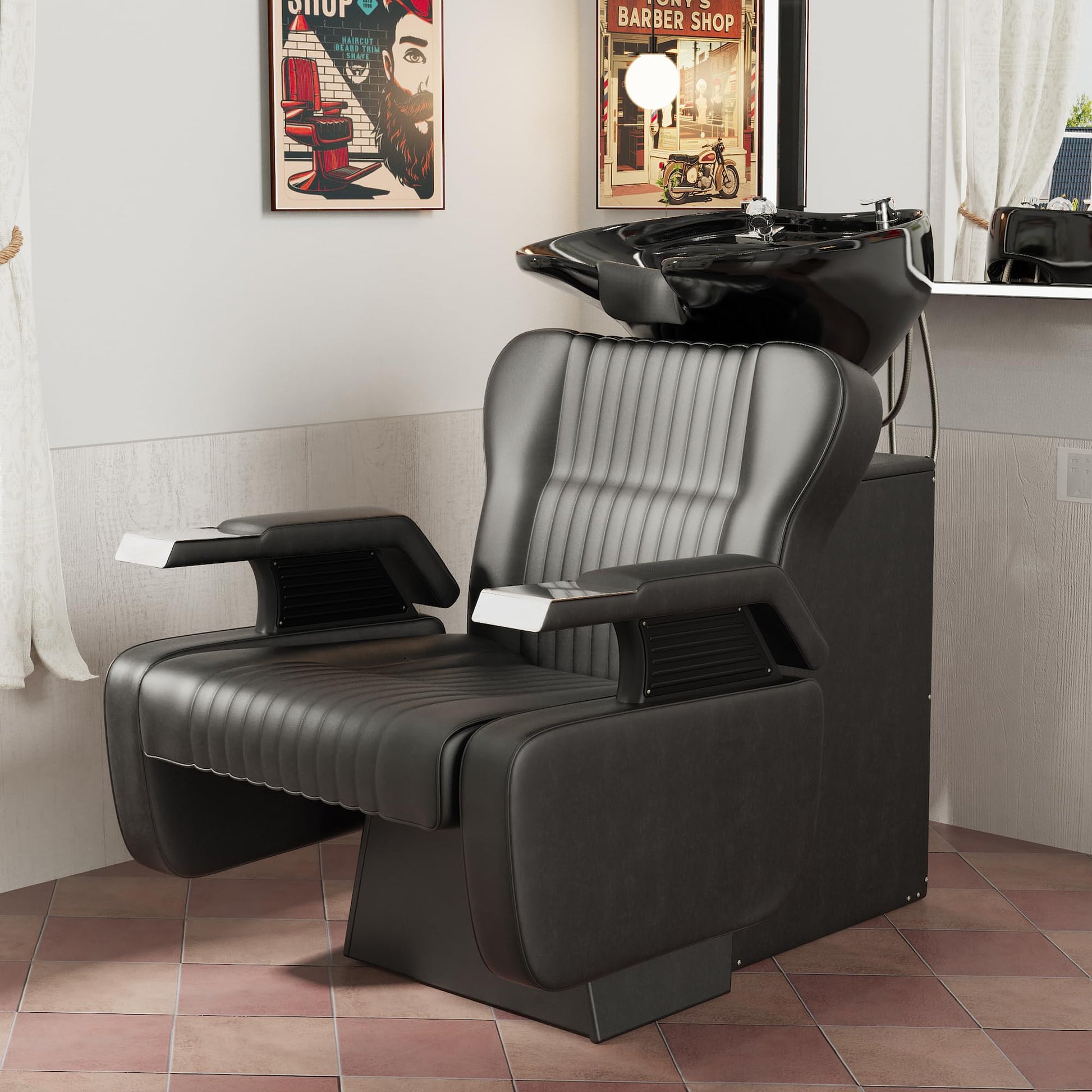 Light Gray KIGOTY Salon Shampoo Backwash Chair, Shampoo Bowl and Chair Set, Hair Washing Station with Large Adjustable Ceramic Bowl, Shampoo Bowl Sink Chair for Salon (Black)