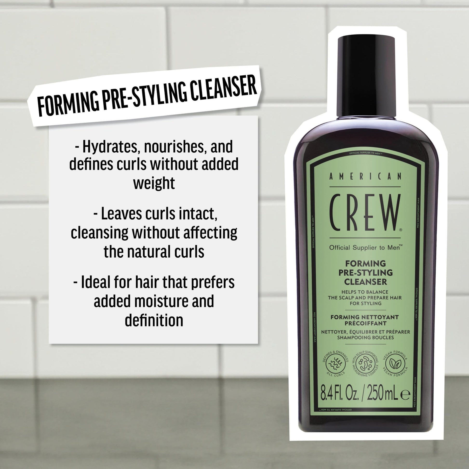 Light Gray AMERICAN CREW Men's Pre-Styler Forming Shampoo for Textured & Curly Hair, Anti-Frizz & Curl Defining, With Jojoba Oil, Vegan, 8.5 fl oz